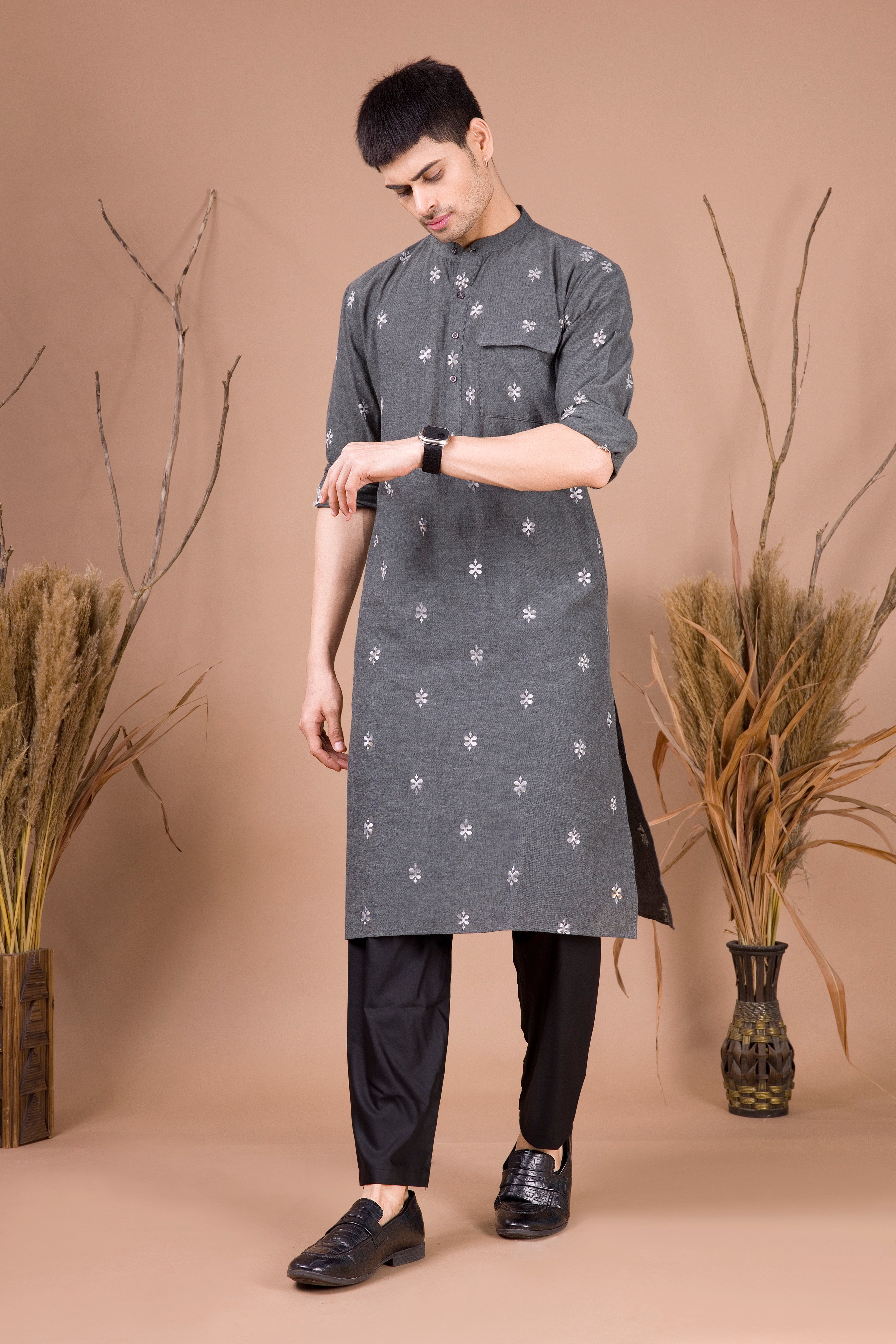 Metal Grey Printed Cotton Kurta Top