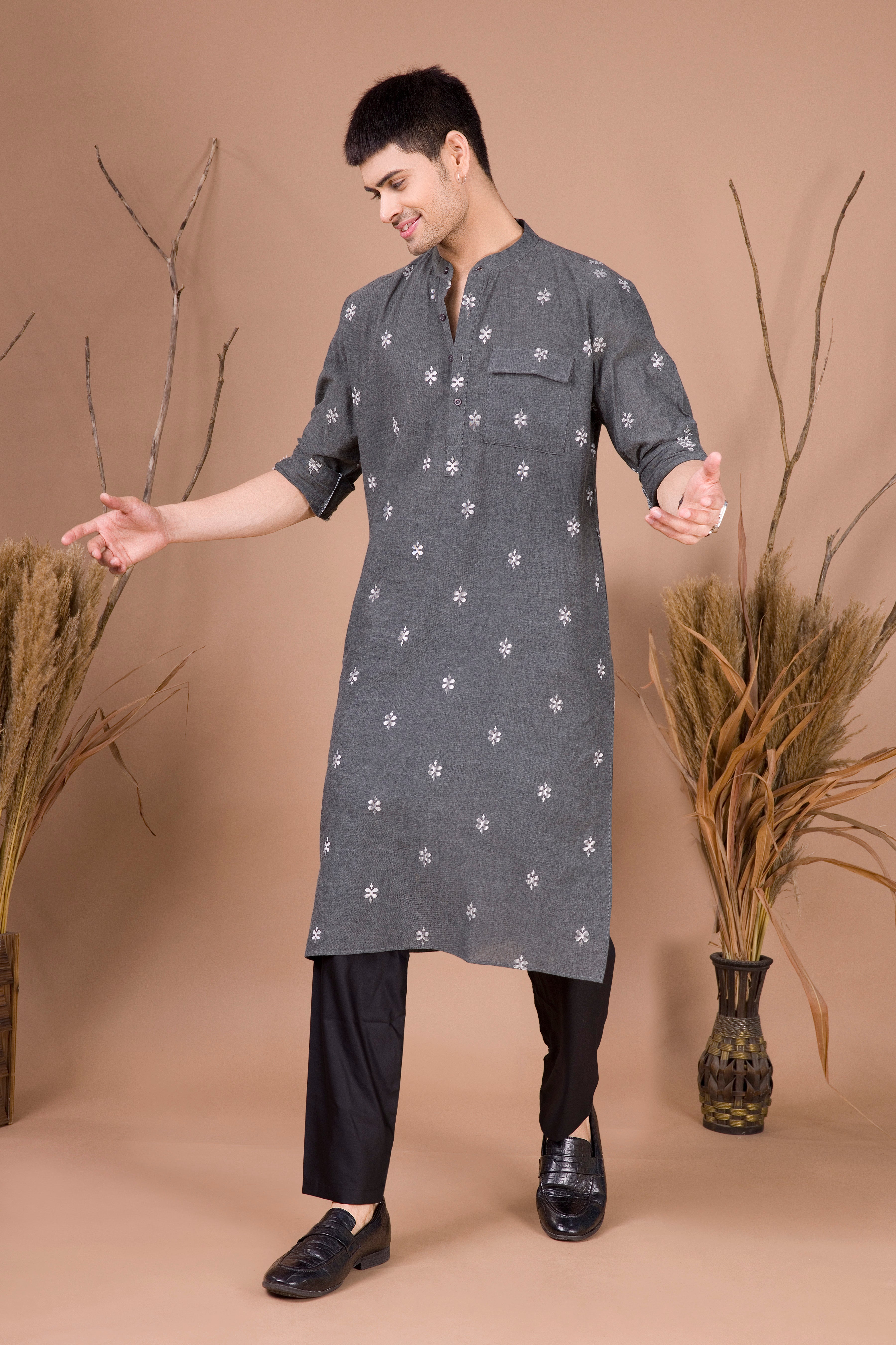 Metal Grey Printed Cotton Kurta Top