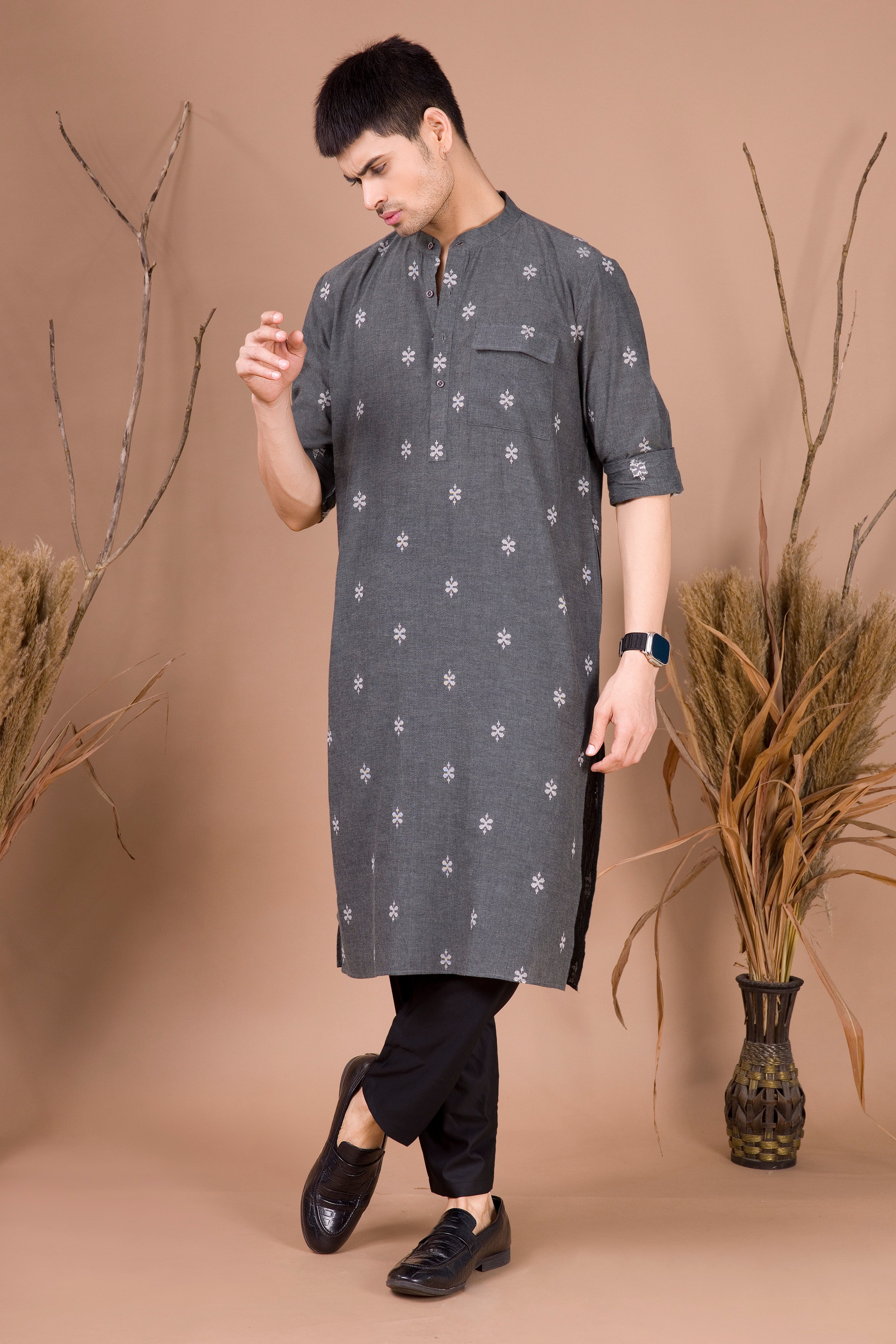 Metal Grey Printed Cotton Kurta Top