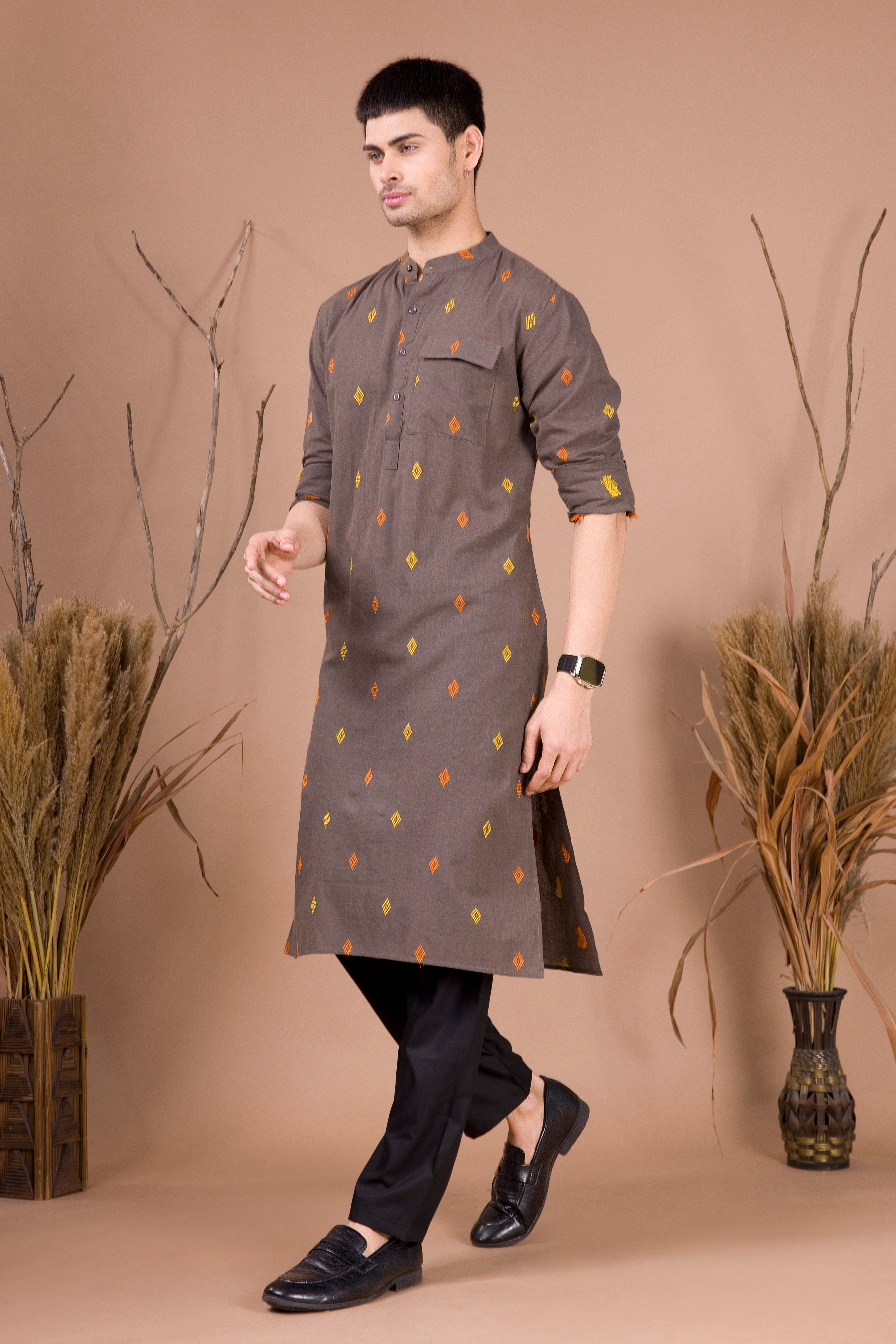 Metal Grey Printed Cotton Kurta