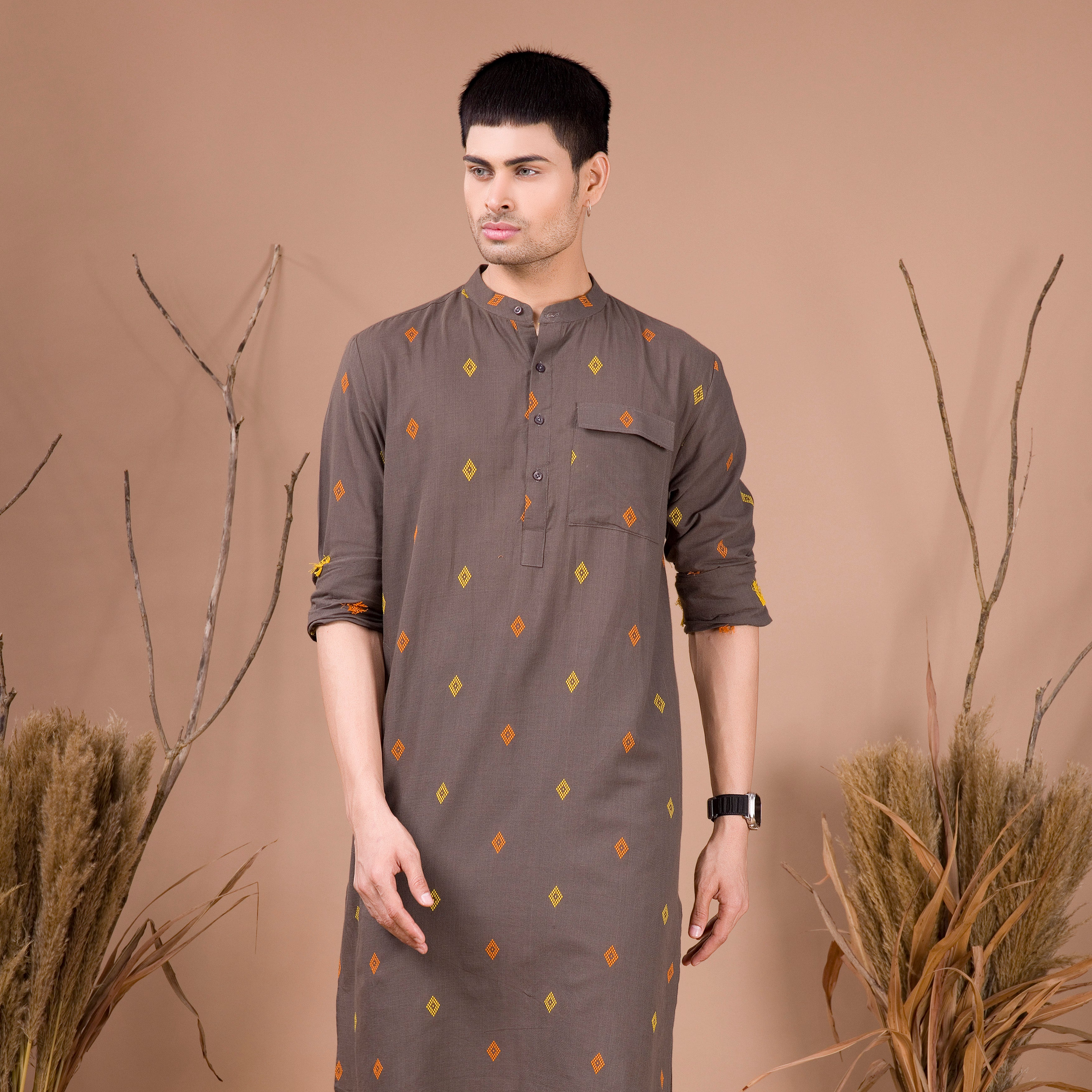 Metal Grey Printed Cotton Kurta
