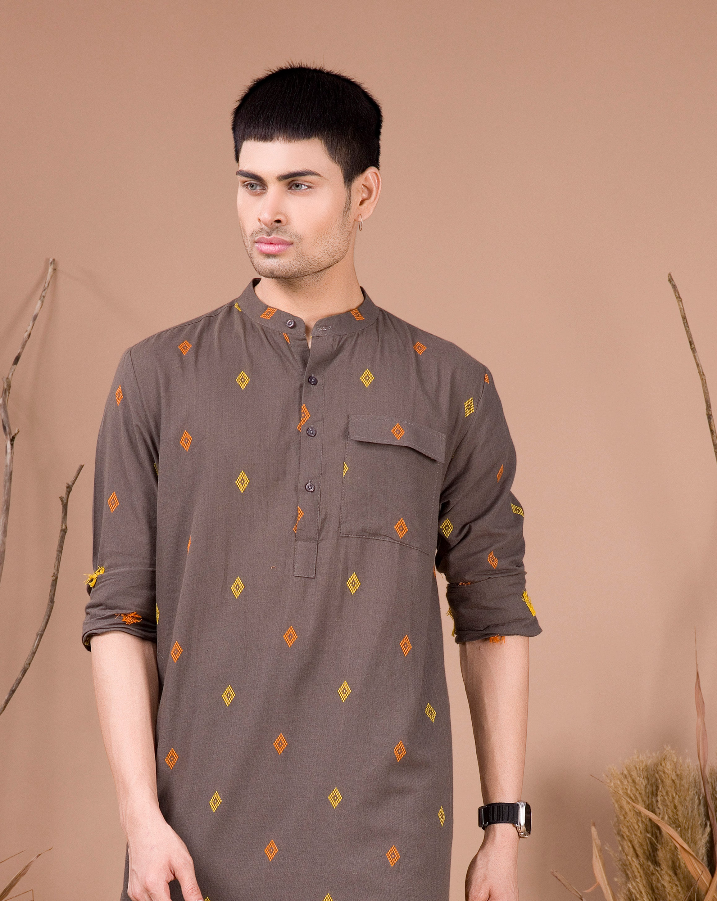 Metal Grey Printed Cotton Kurta