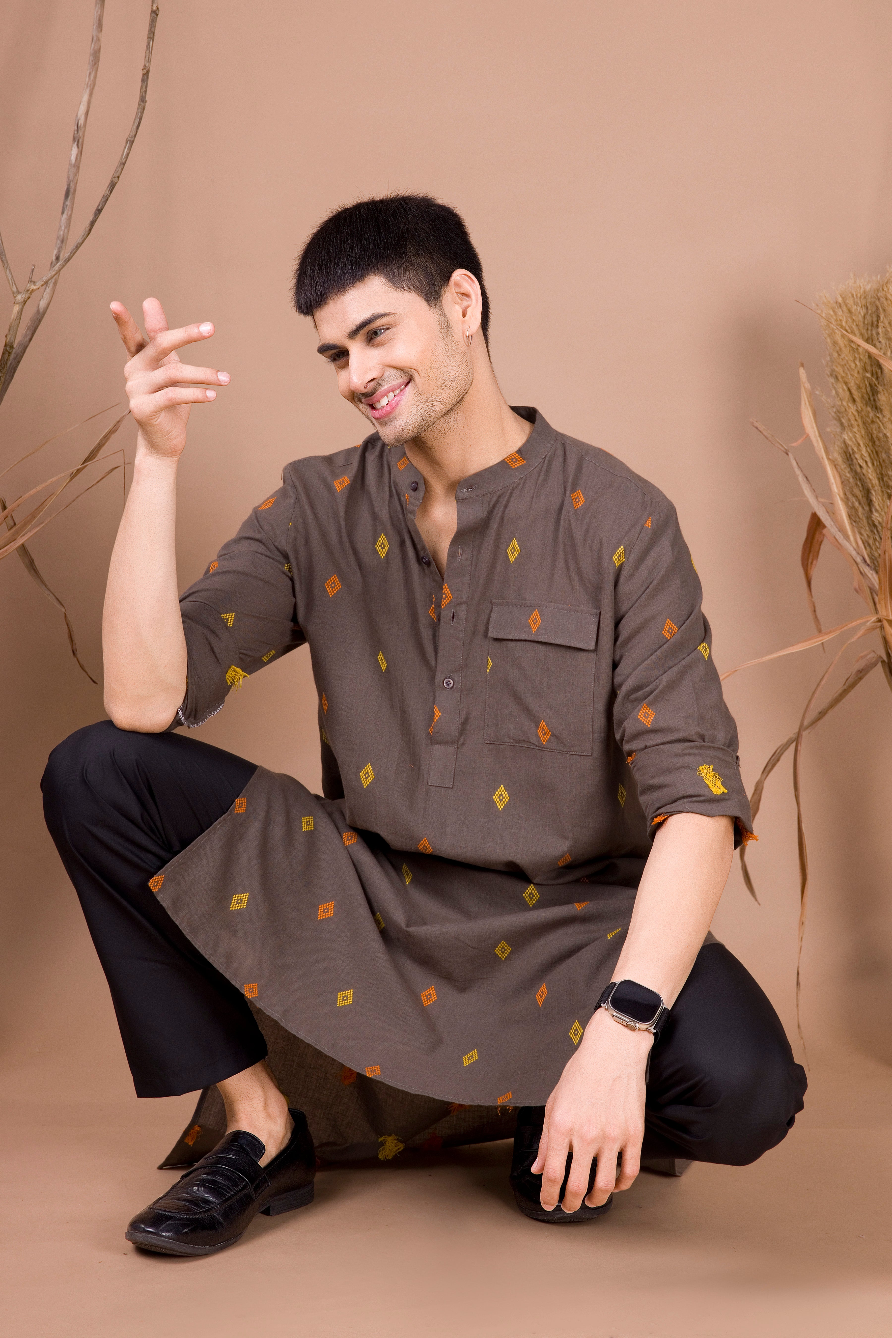 Metal Grey Printed Cotton Kurta