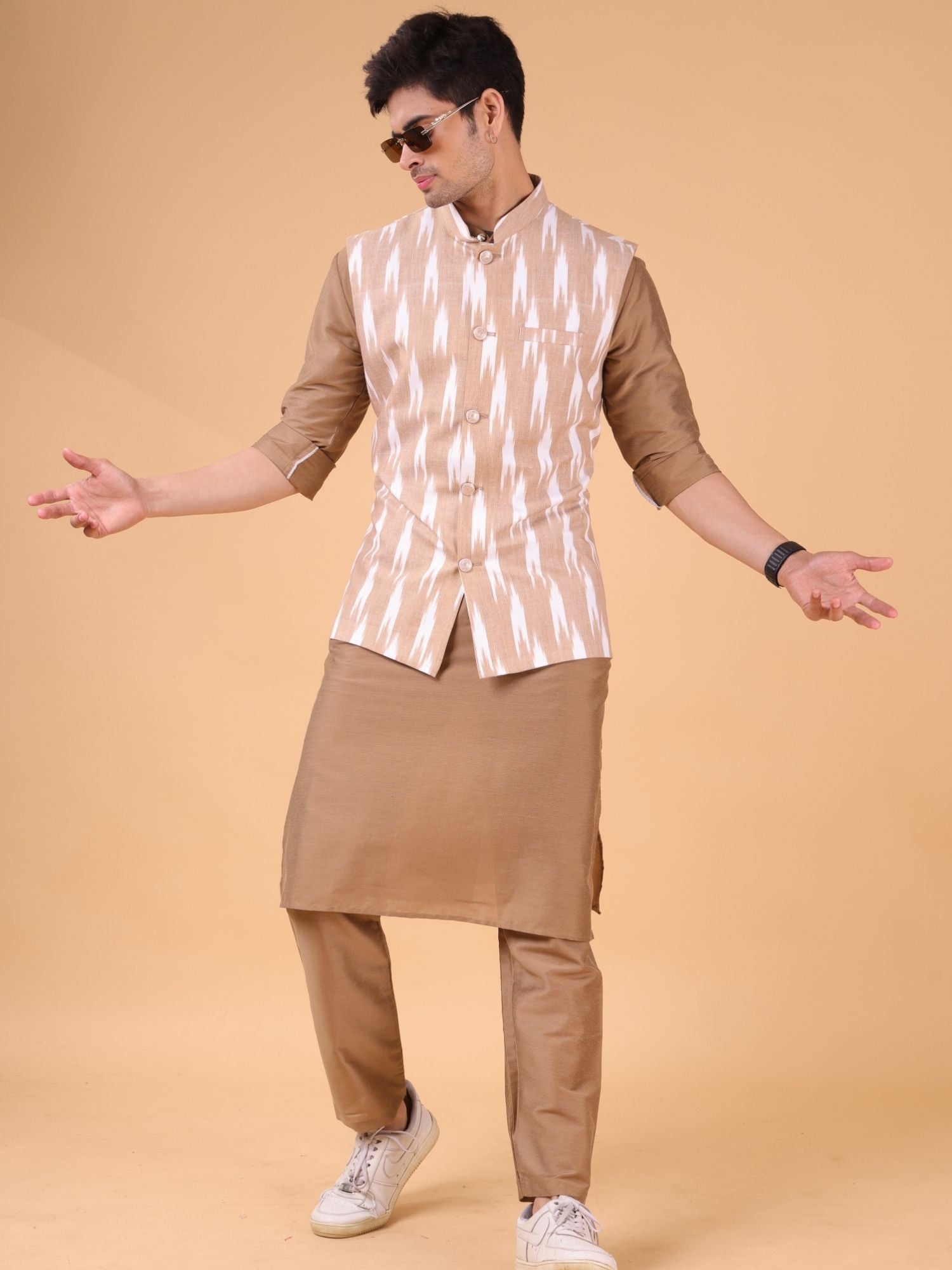 Cider Browm Solid Pattern Cotton Kurta Jacket Set