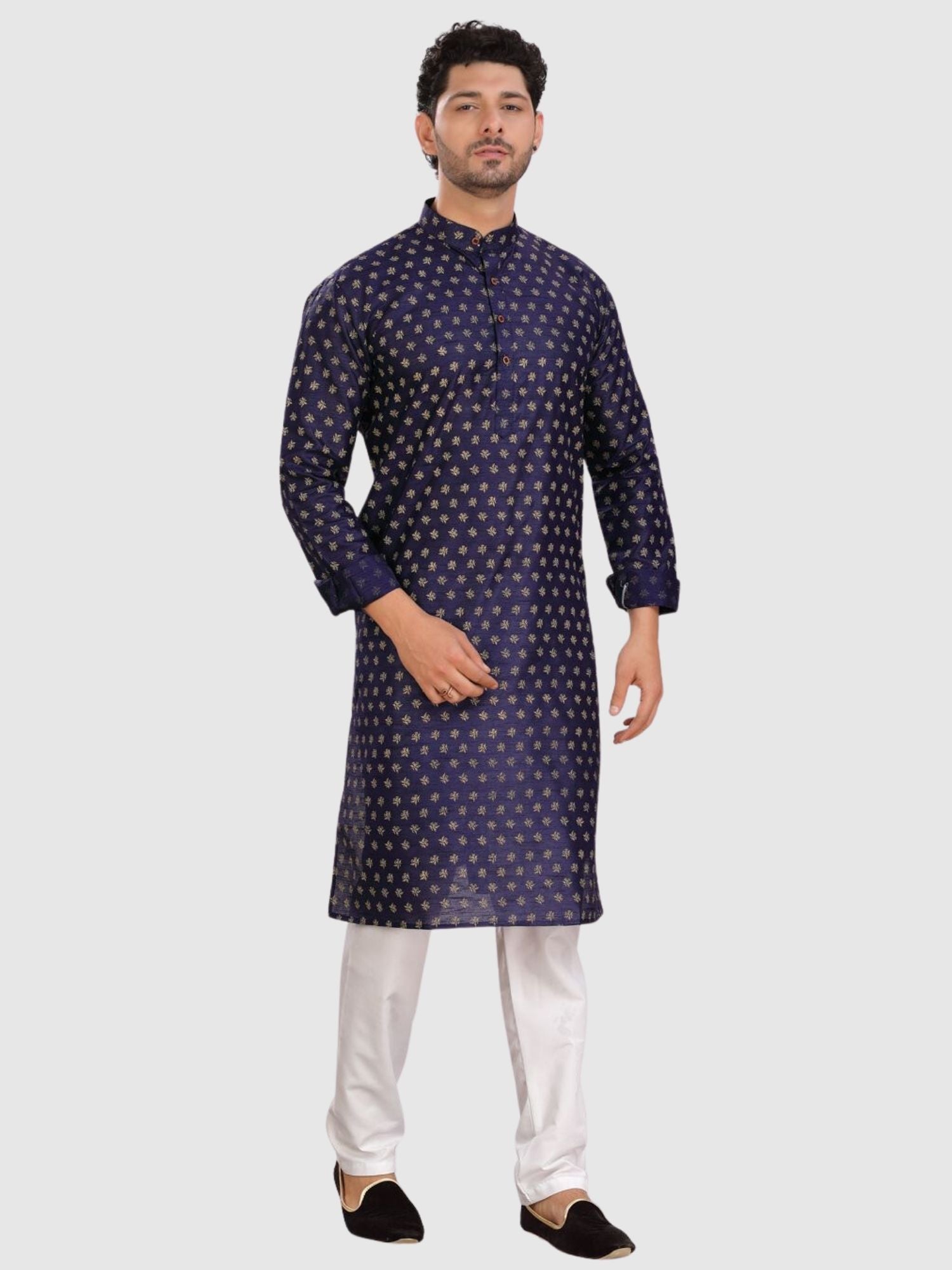 Indigo Blue Silk Printed Kurta and Matching Dhoti