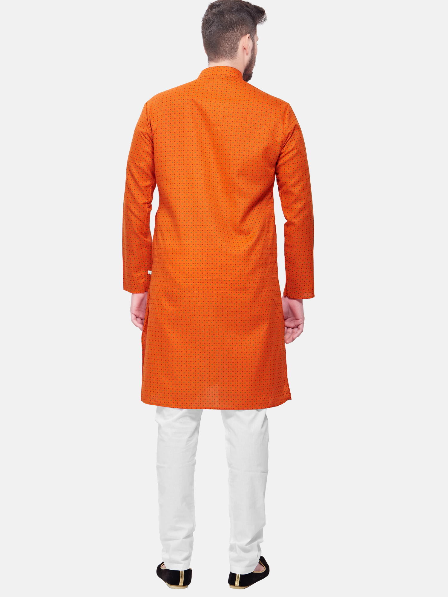 Apricot Orange Dot Printed Cotton Kurta and Matching Dhoti