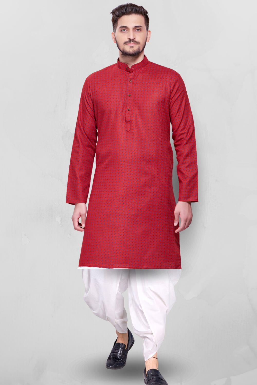 Barn Red Dot Printed Cotton Kurta Peshawari Set