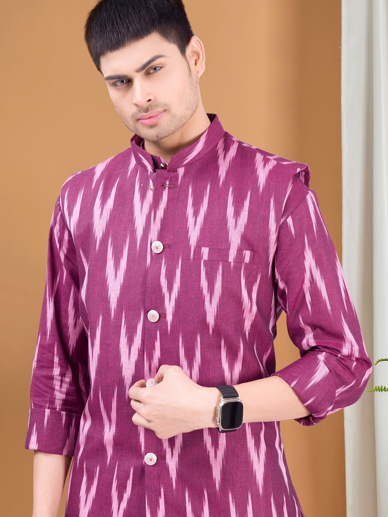 Rich Maroon Ikat Print Kurta Pajama Set