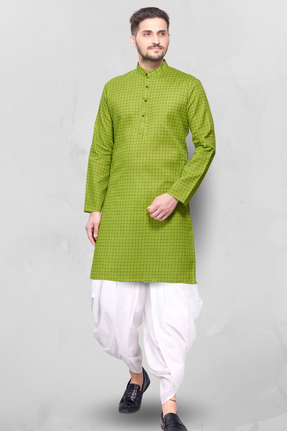 Lime Green Dot Printed Cotton Kurta Peshawari Set