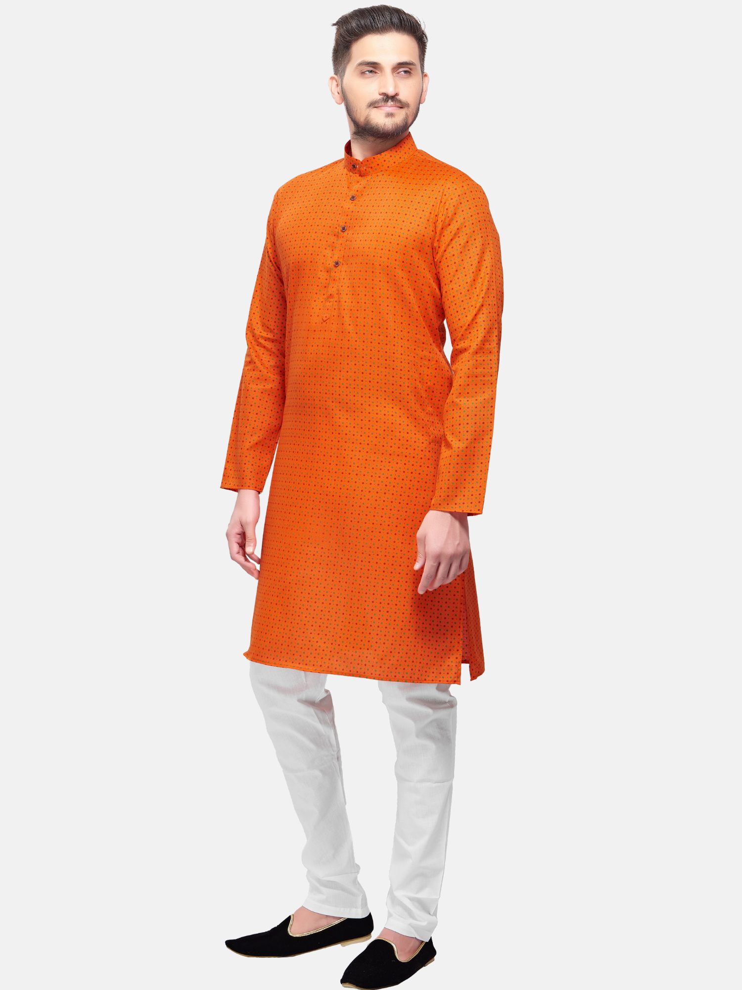 Apricot Orange Dot Printed Cotton Kurta and Matching Dhoti
