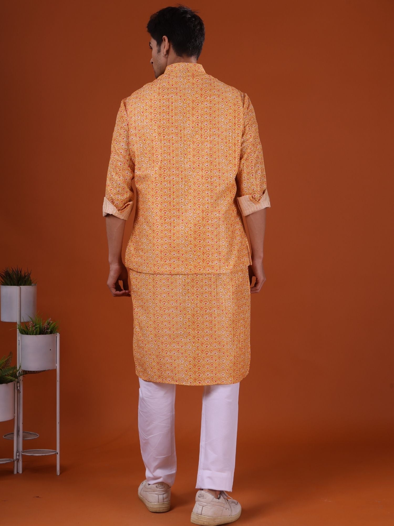 Shine Of Yellow Ikat Print Cotton Silk Kurta Jacket Set