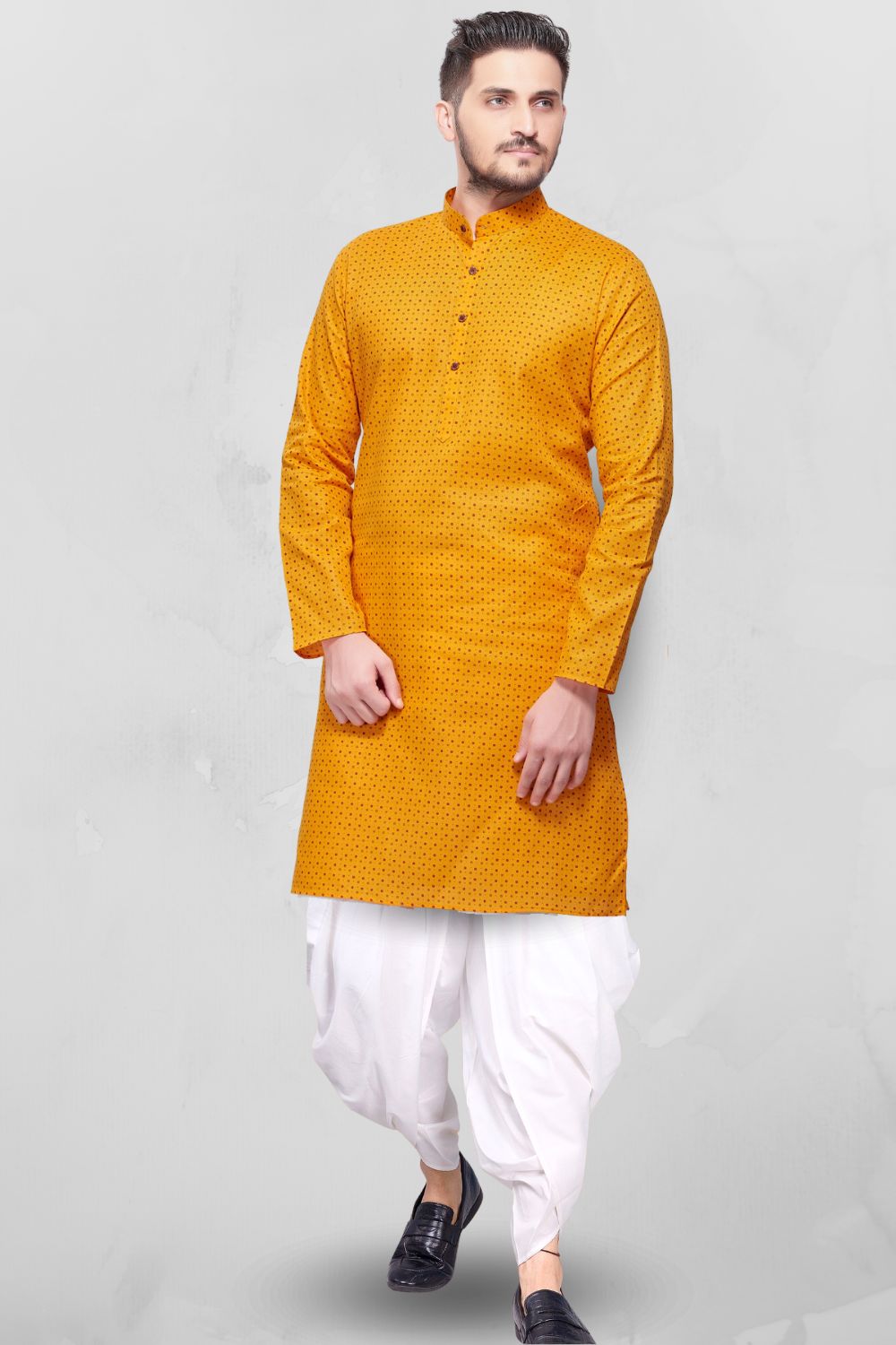 Shine Of Yellow Dot Printed Cotton Kurta Peshawari Set