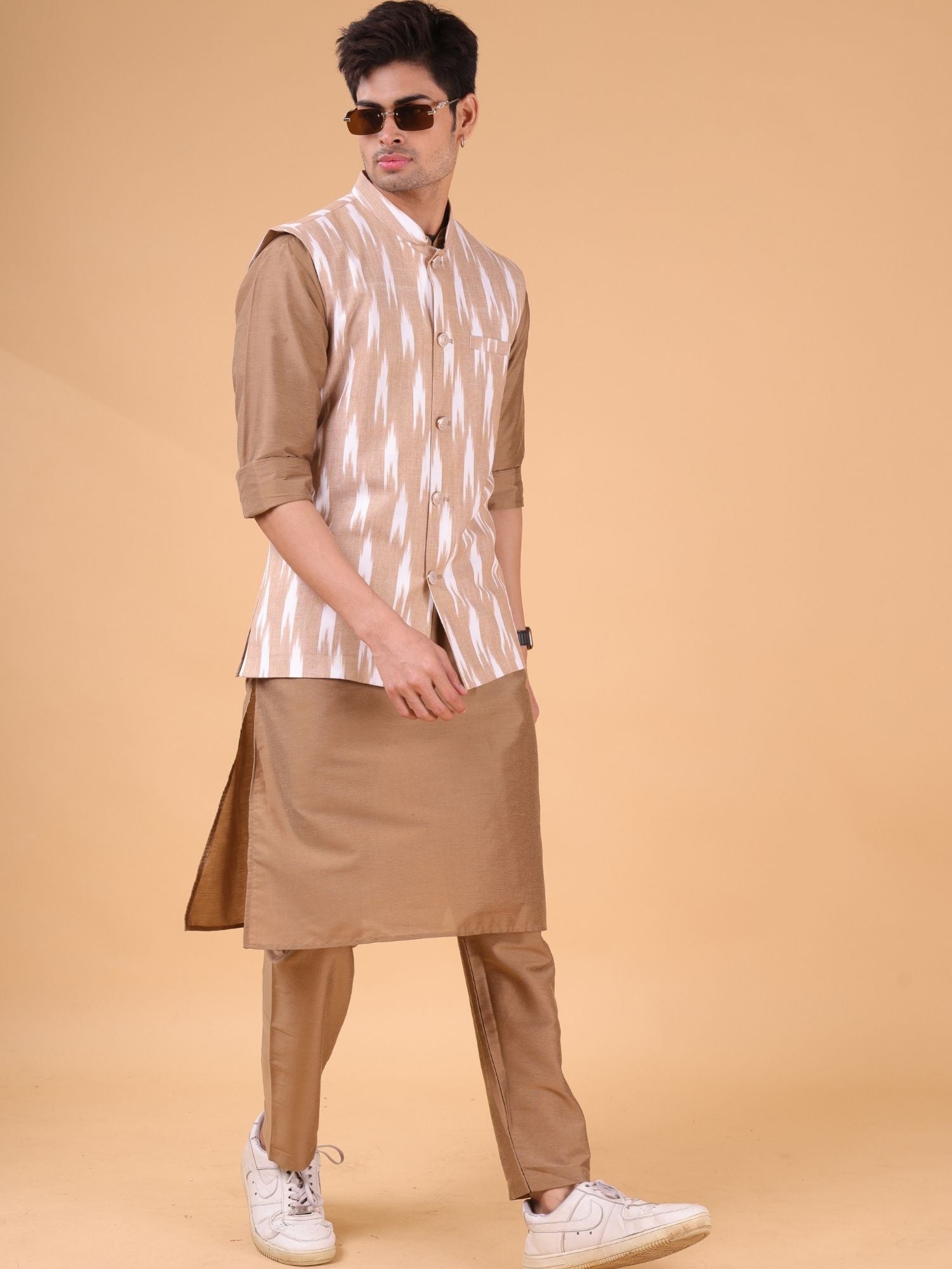 Cider Browm Solid Pattern Cotton Kurta Jacket Set
