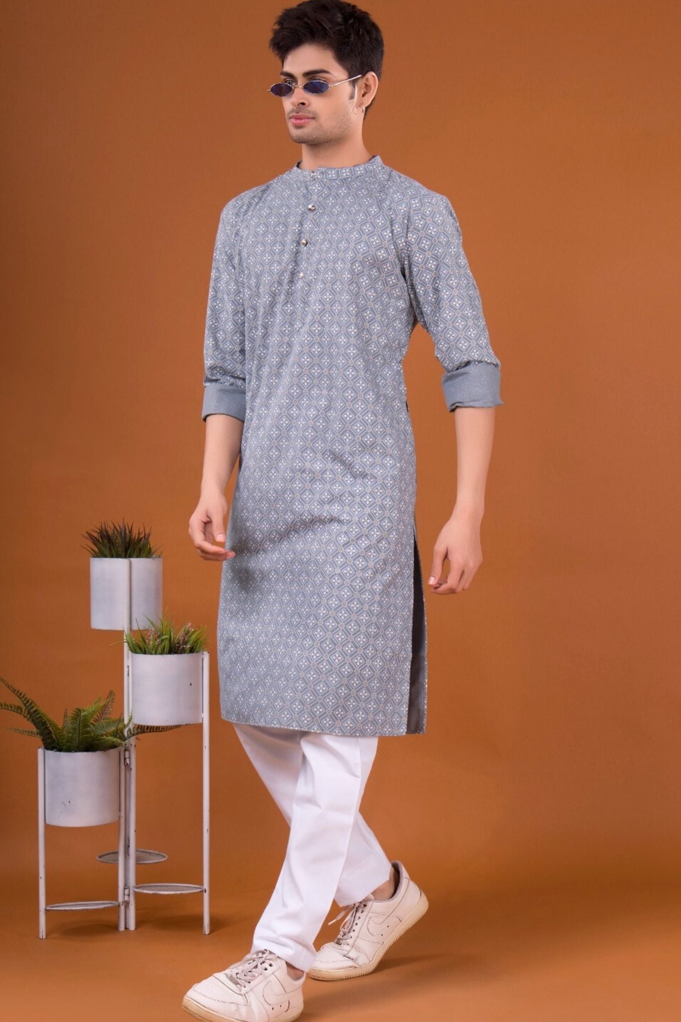 Metal Grey Lotus Gold Printed Cotton Kurta