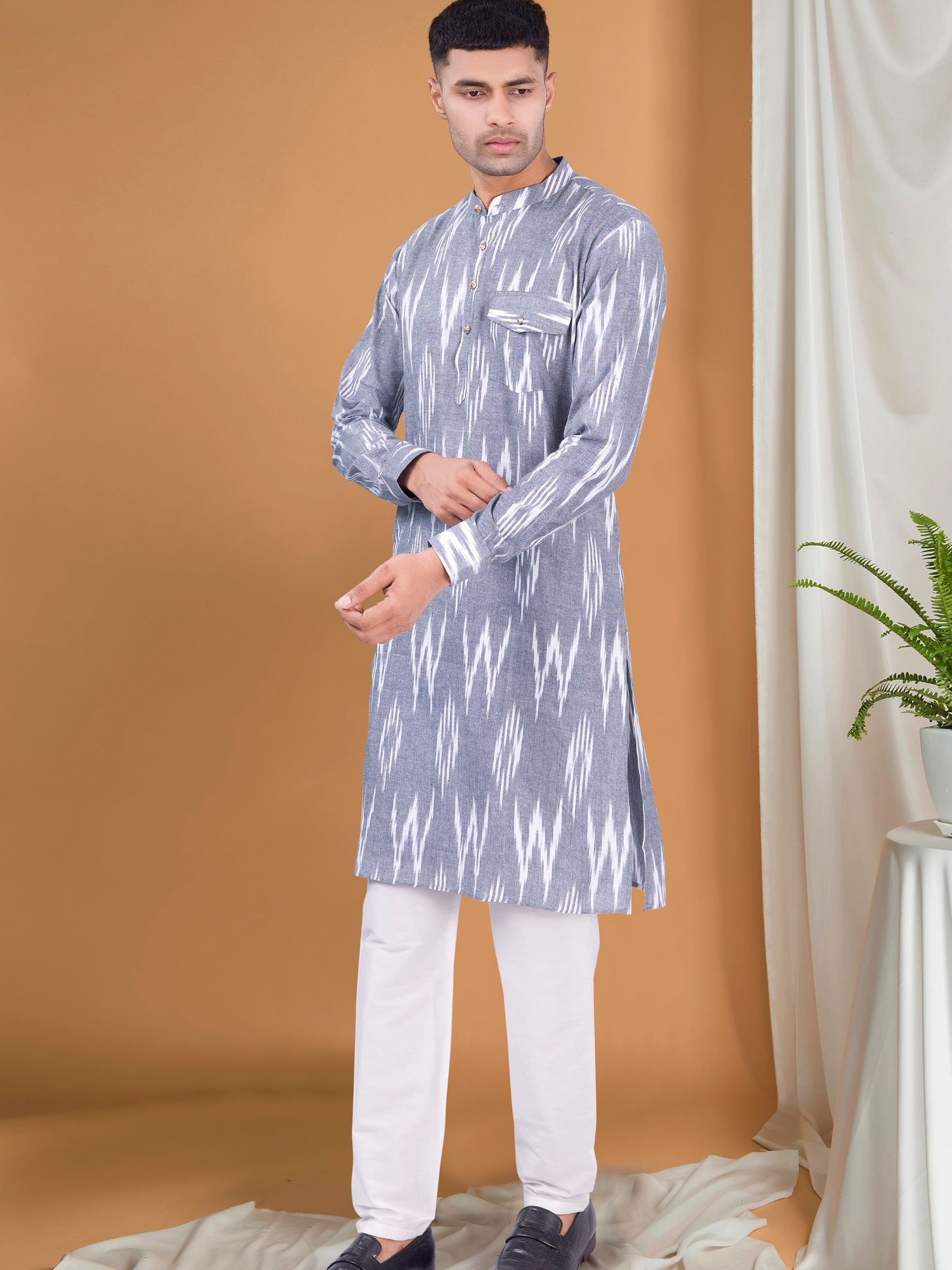 Metal Grey Ikat Print Cotton Kurta