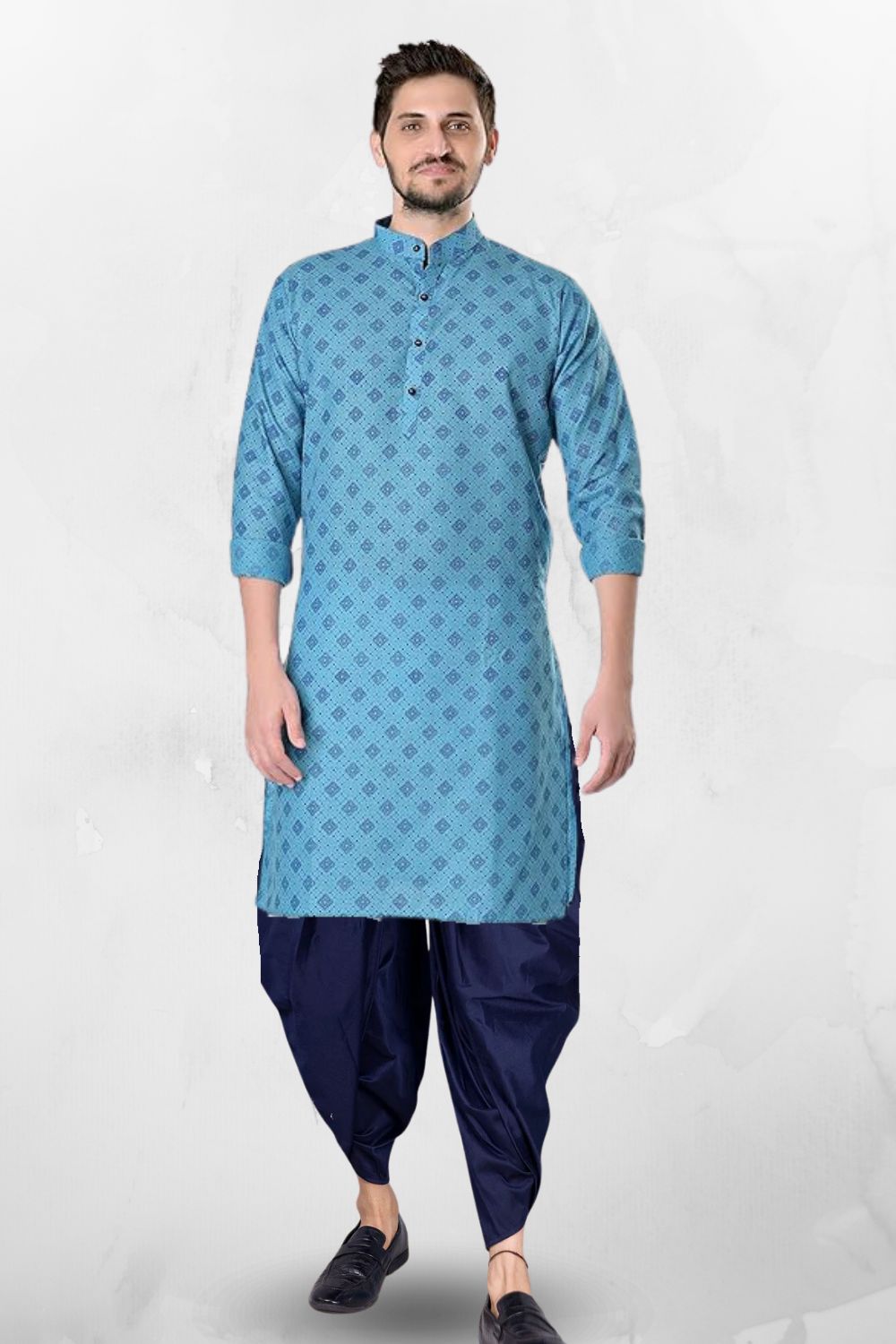 Iris Blue Cotton Designer Printed Kurta Peshawari Set