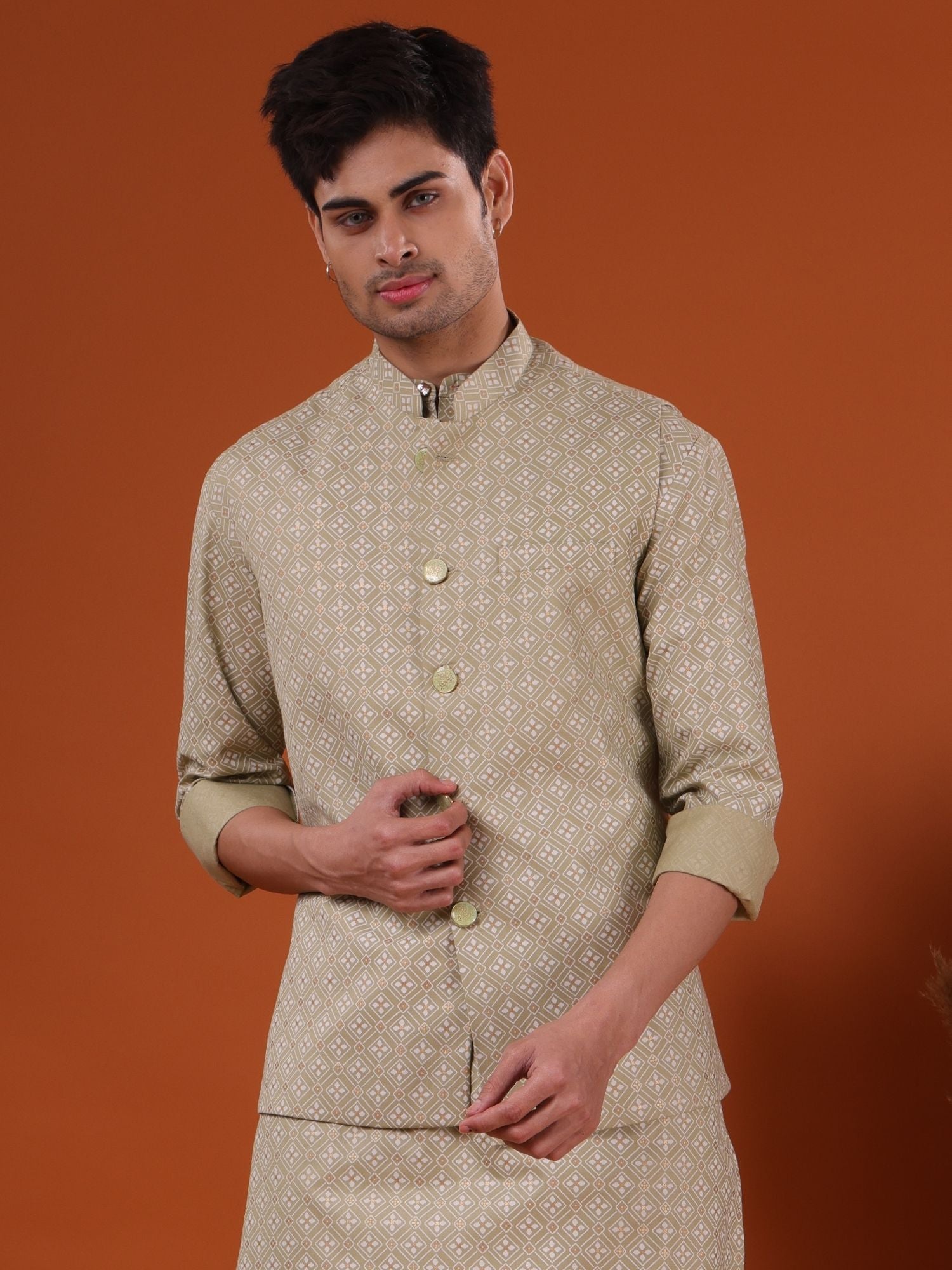 Crocodile Green Lotus Gold Printed Cotton Kurta Jacket Set