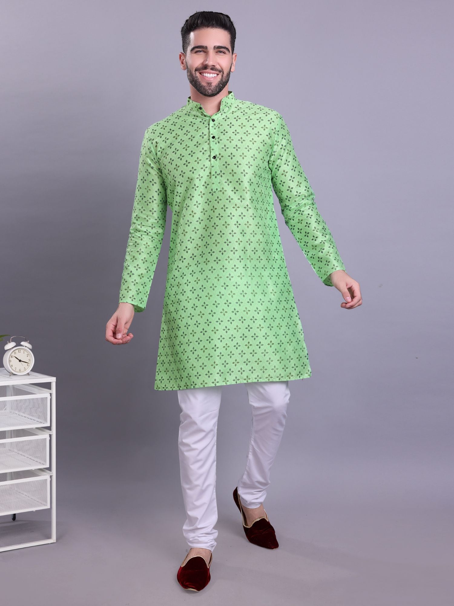 Tropical Green Hloom Printed Silk Kurta Pajama Set