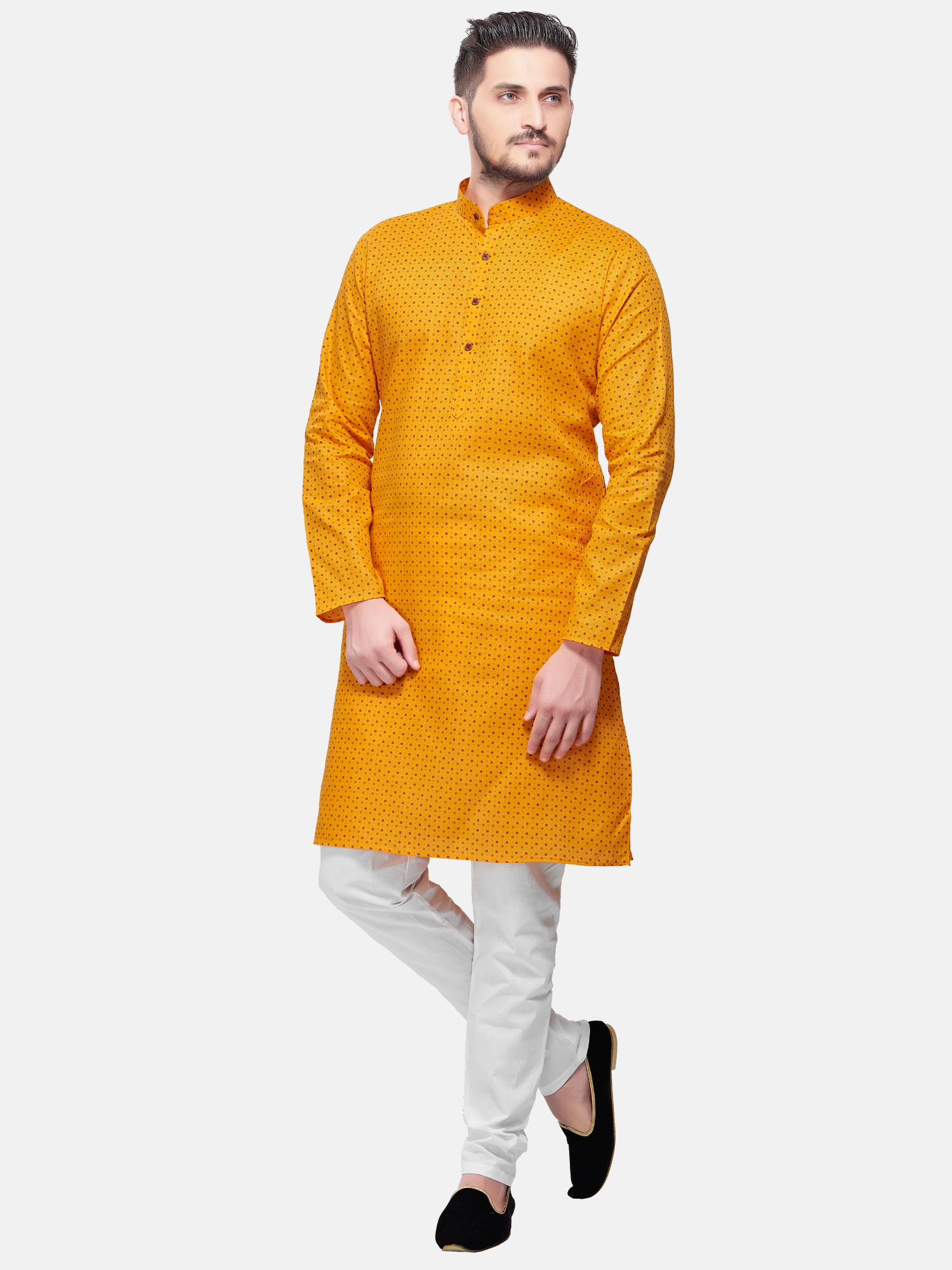 Sunshine Yellow Dot Printed Cotton Kurta and Matching Dhoti