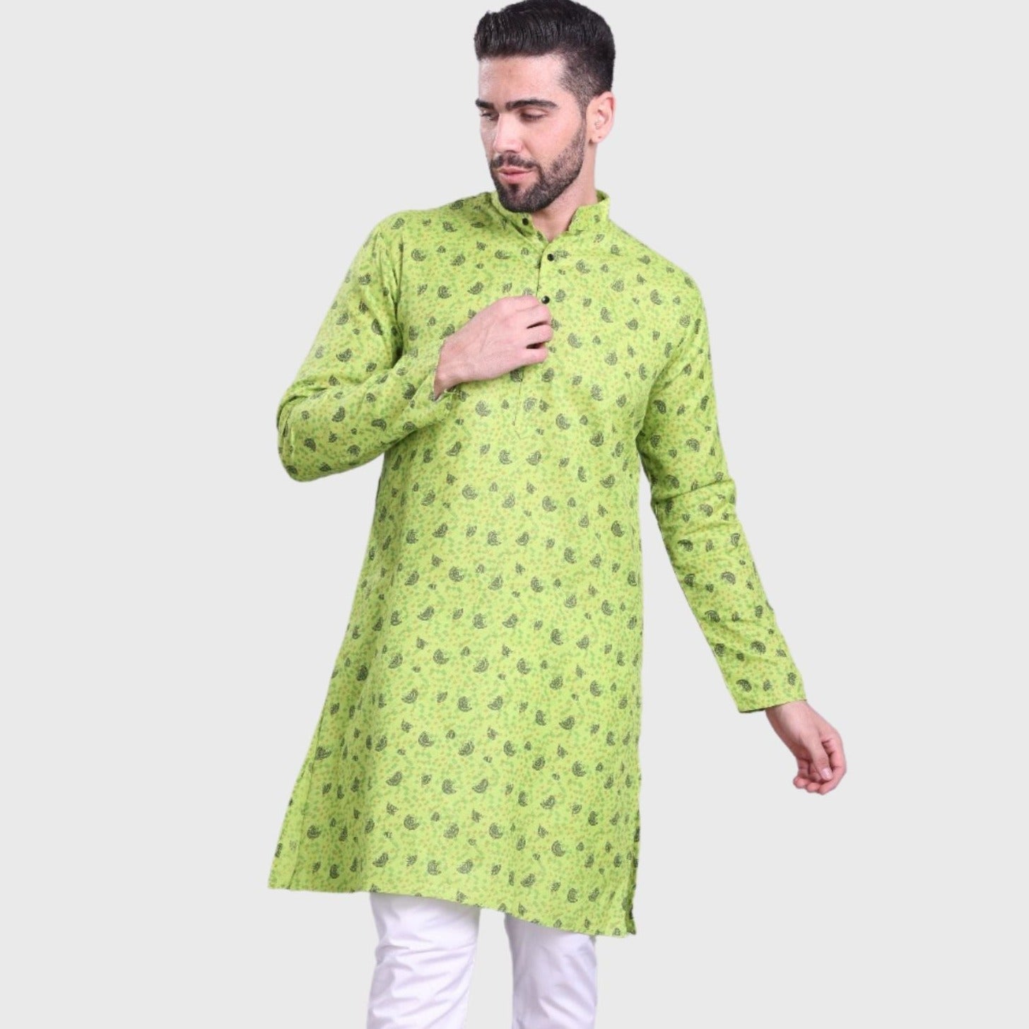 Tropical Green Hloom Printed Cotton Kurta