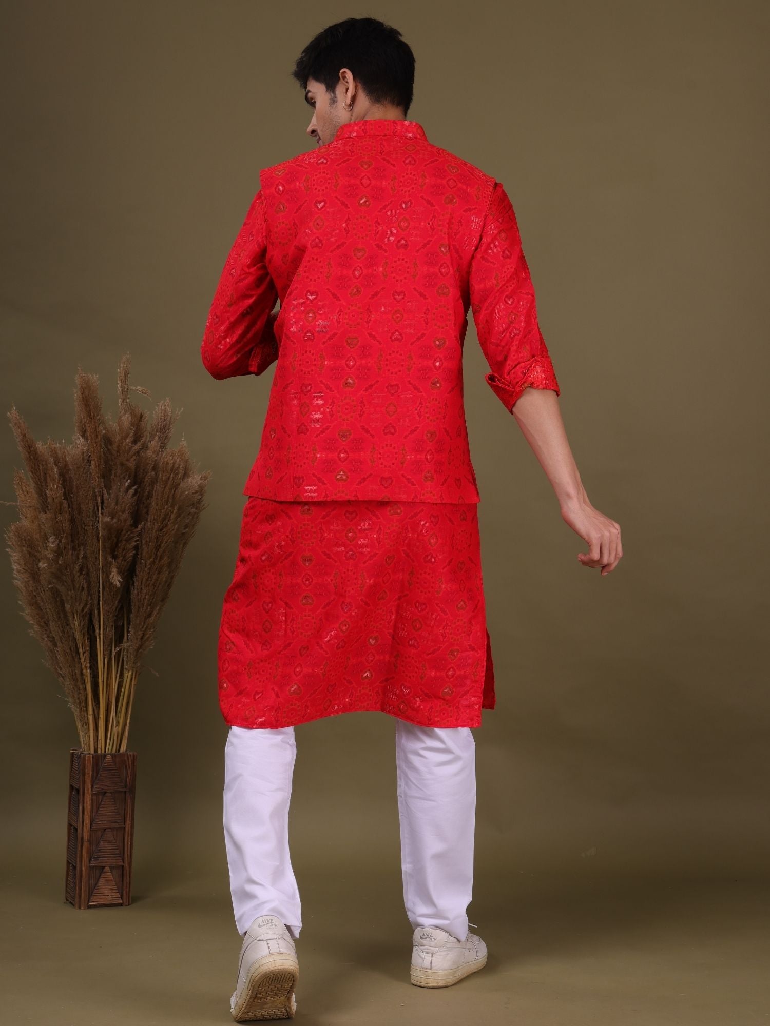 Barn Red Ikat Print Cotton Silk Kurta Jacket Set