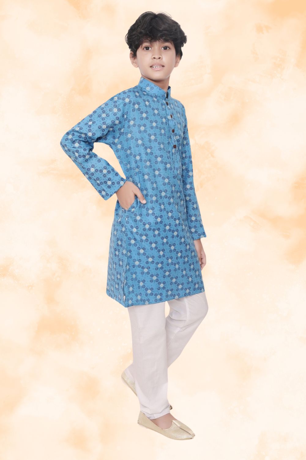 Azure Blue Hloom Printed Cotton Kurta Pajama Suit