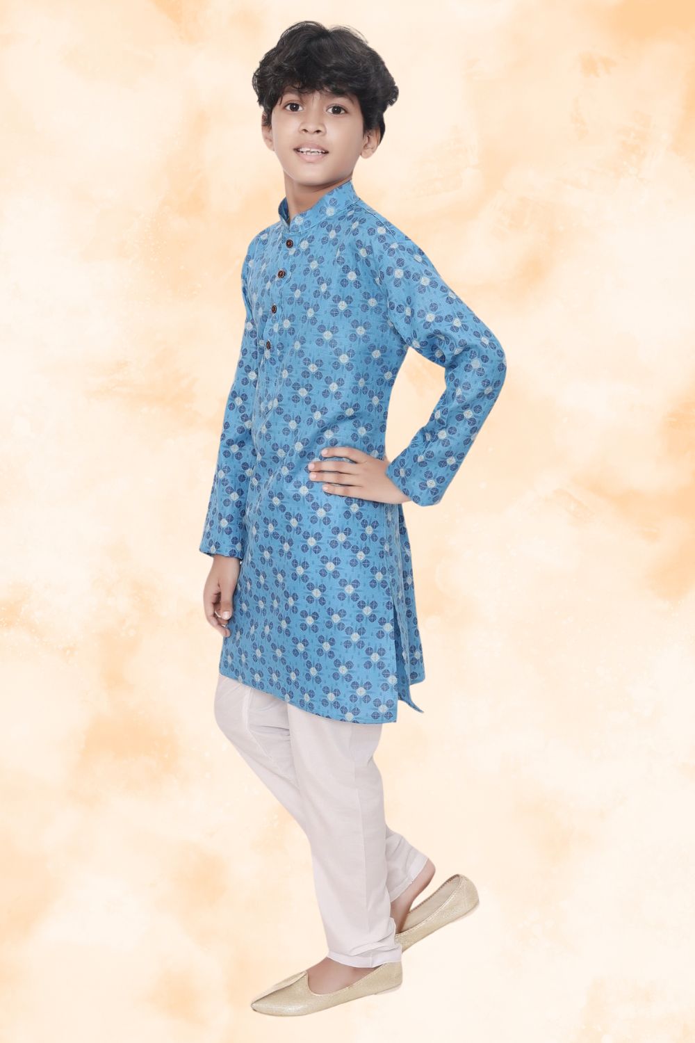 Azure Blue Hloom Printed Cotton Kurta Pajama Suit