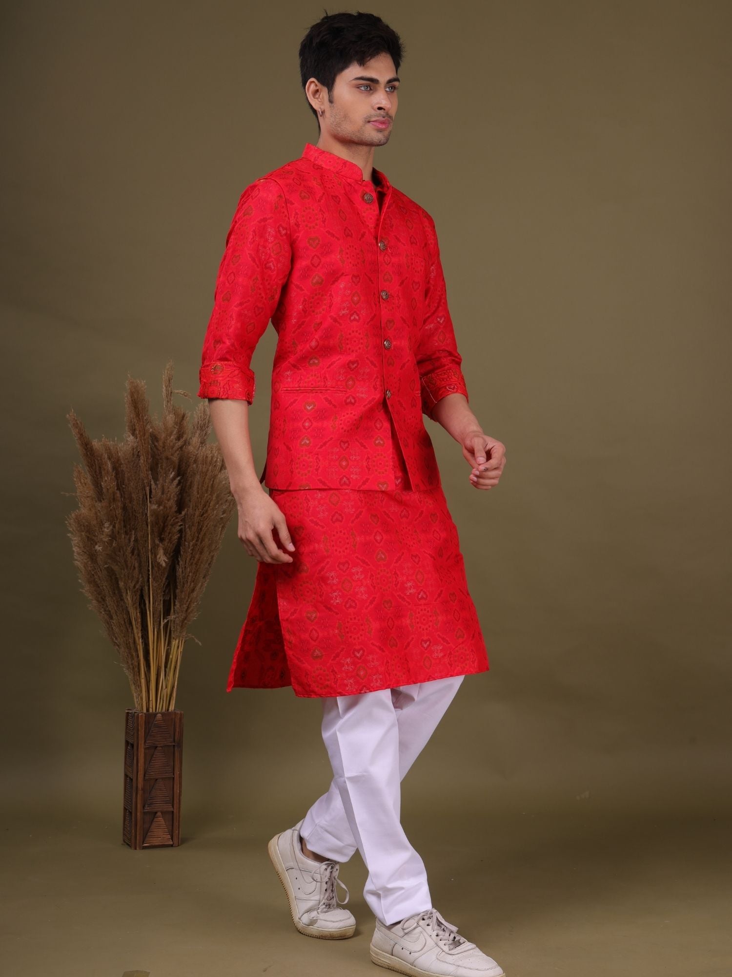 Barn Red Ikat Print Cotton Silk Kurta Jacket Set