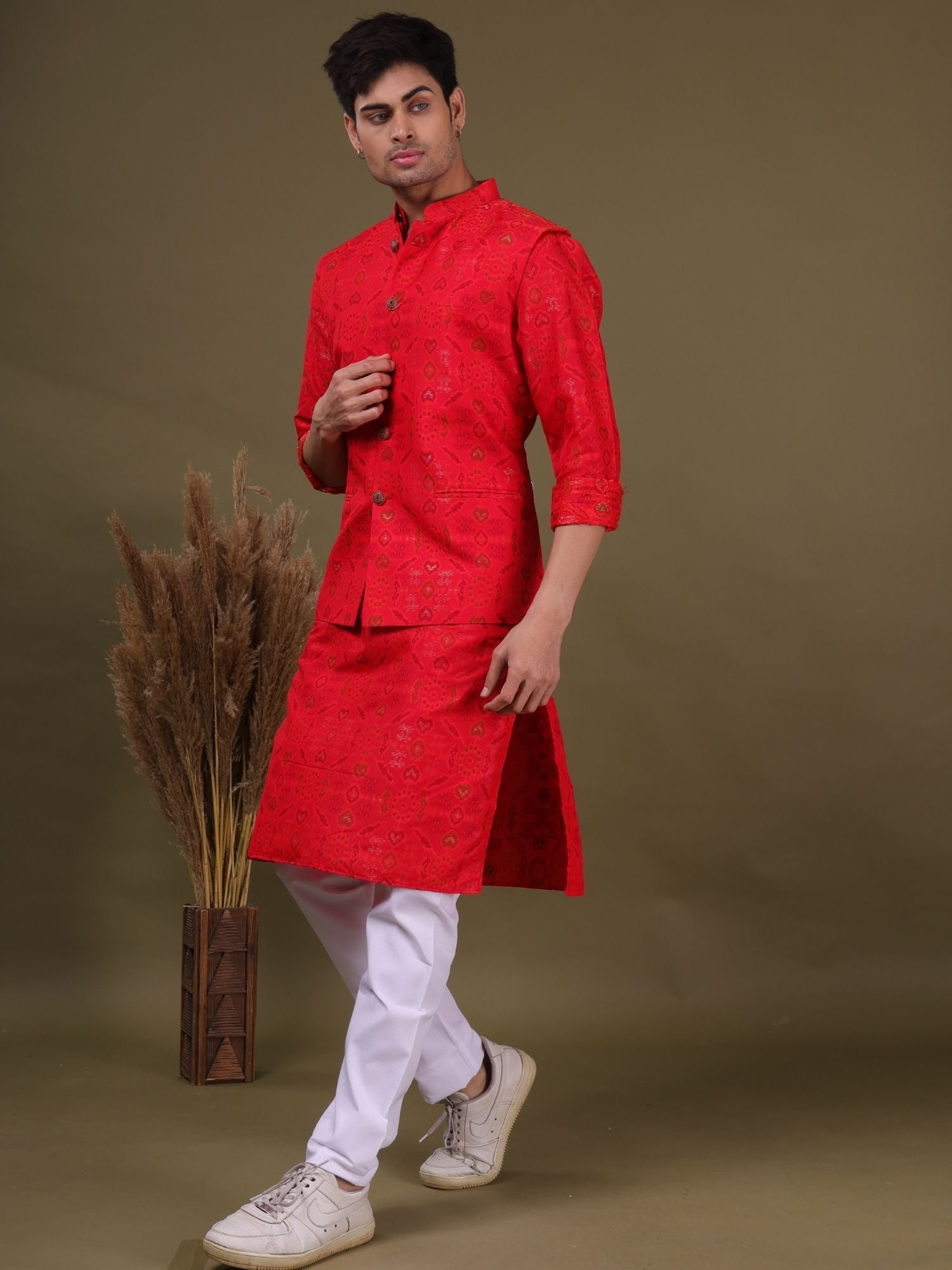 Barn Red Ikat Print Cotton Silk Kurta Jacket Set