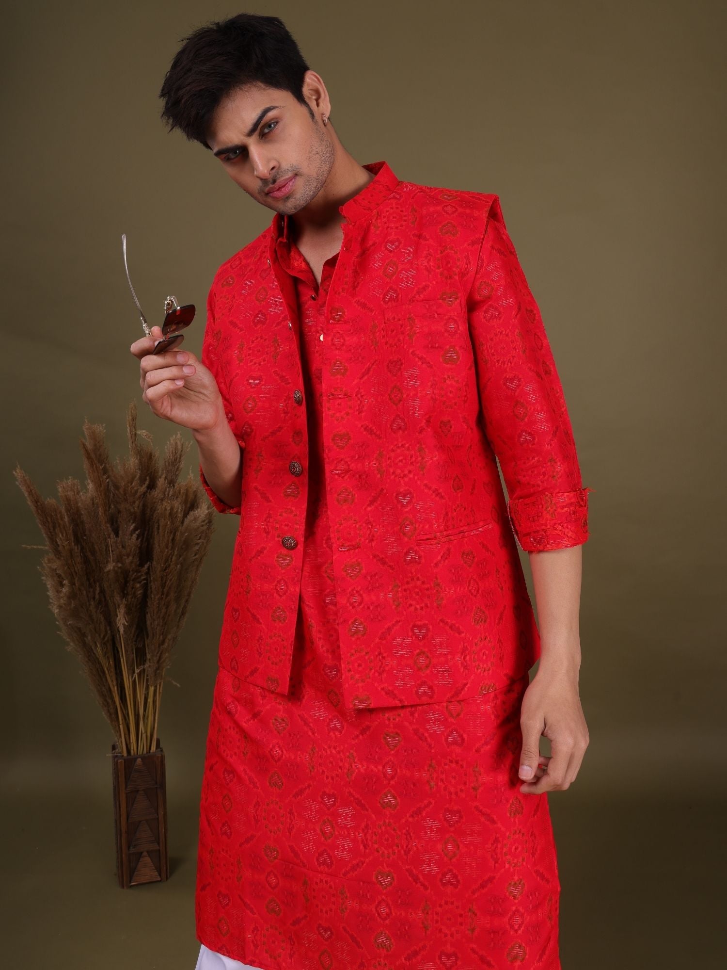 Barn Red Ikat Print Cotton Silk Kurta Jacket Set