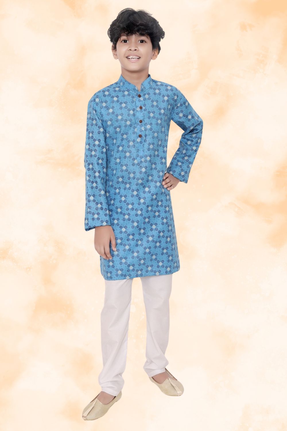 Azure Blue Hloom Printed Cotton Kurta Pajama Suit
