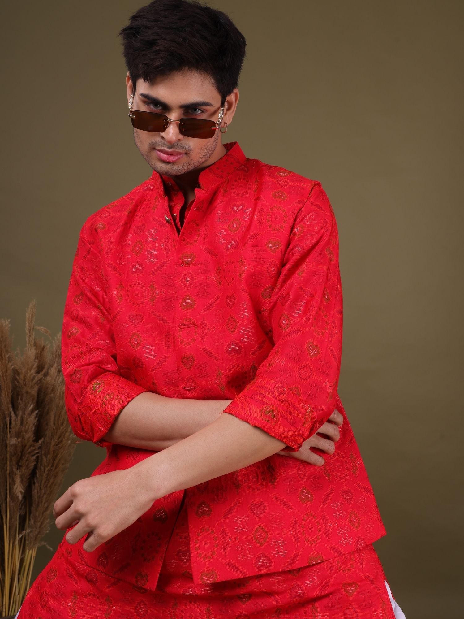 Barn Red Ikat Print Cotton Silk Kurta Jacket Set