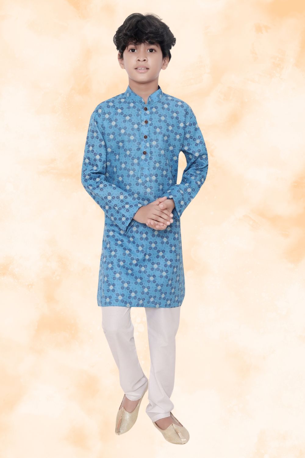 Azure Blue Hloom Printed Cotton Kurta Pajama Suit