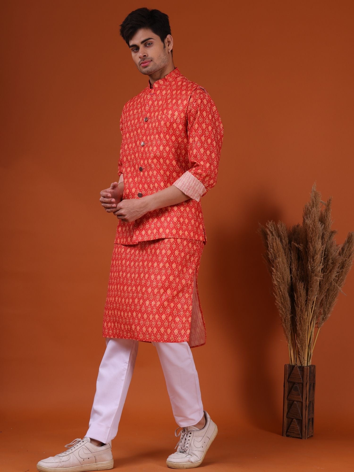 Apricot Orange Buti Print Cotton Silk Kurta Jacket Set