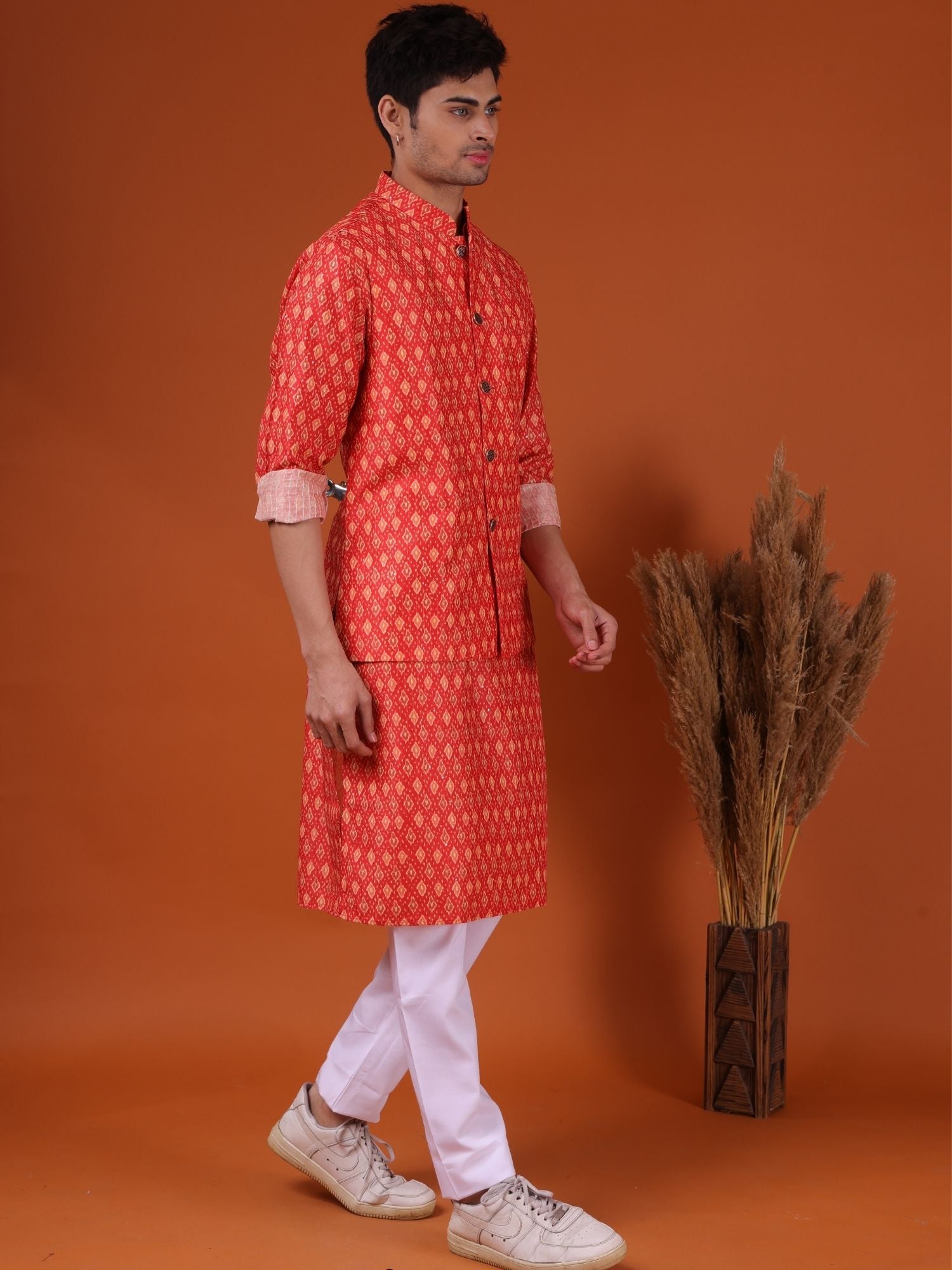 Apricot Orange Buti Print Cotton Silk Kurta Jacket Set
