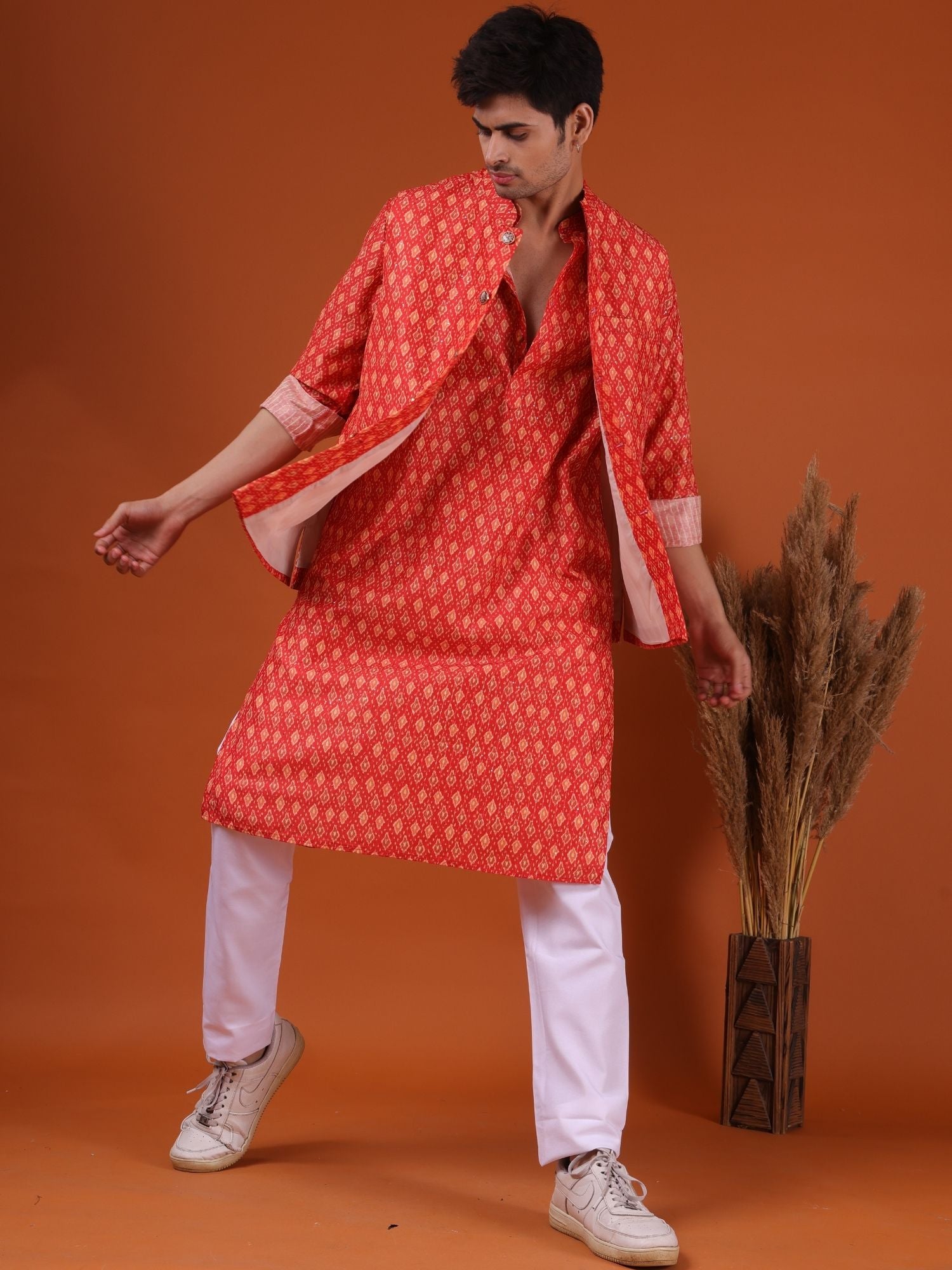 Apricot Orange Buti Print Cotton Silk Kurta Jacket Set