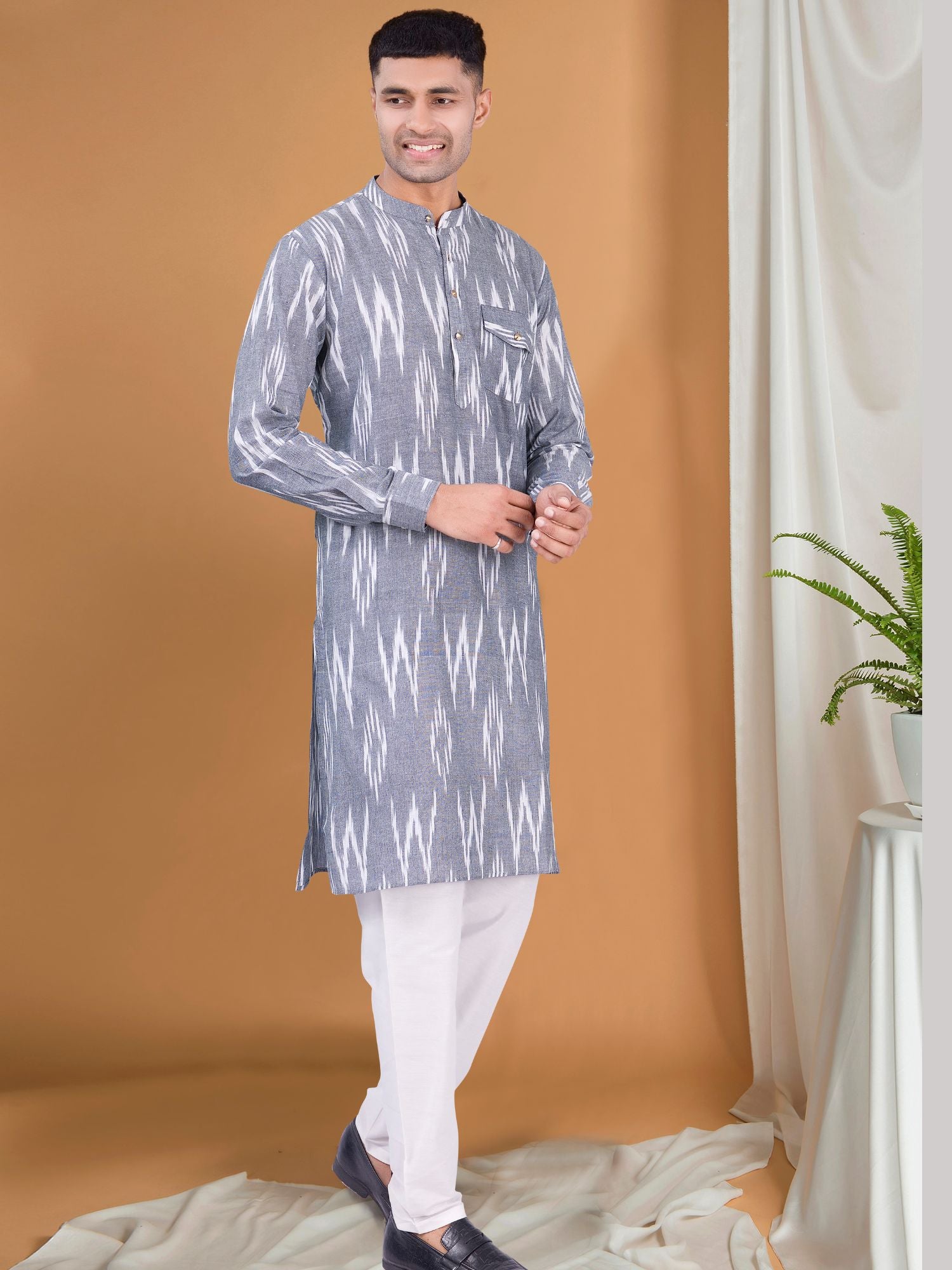 Metal Grey Ikat Print Cotton Kurta