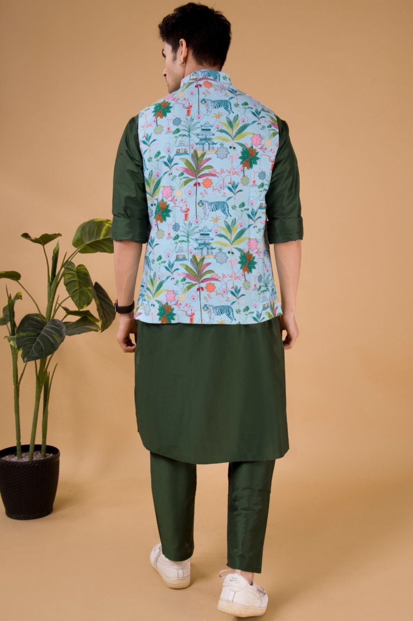Pistachio Green Solid Pattern Silk Kurta Jacket Set