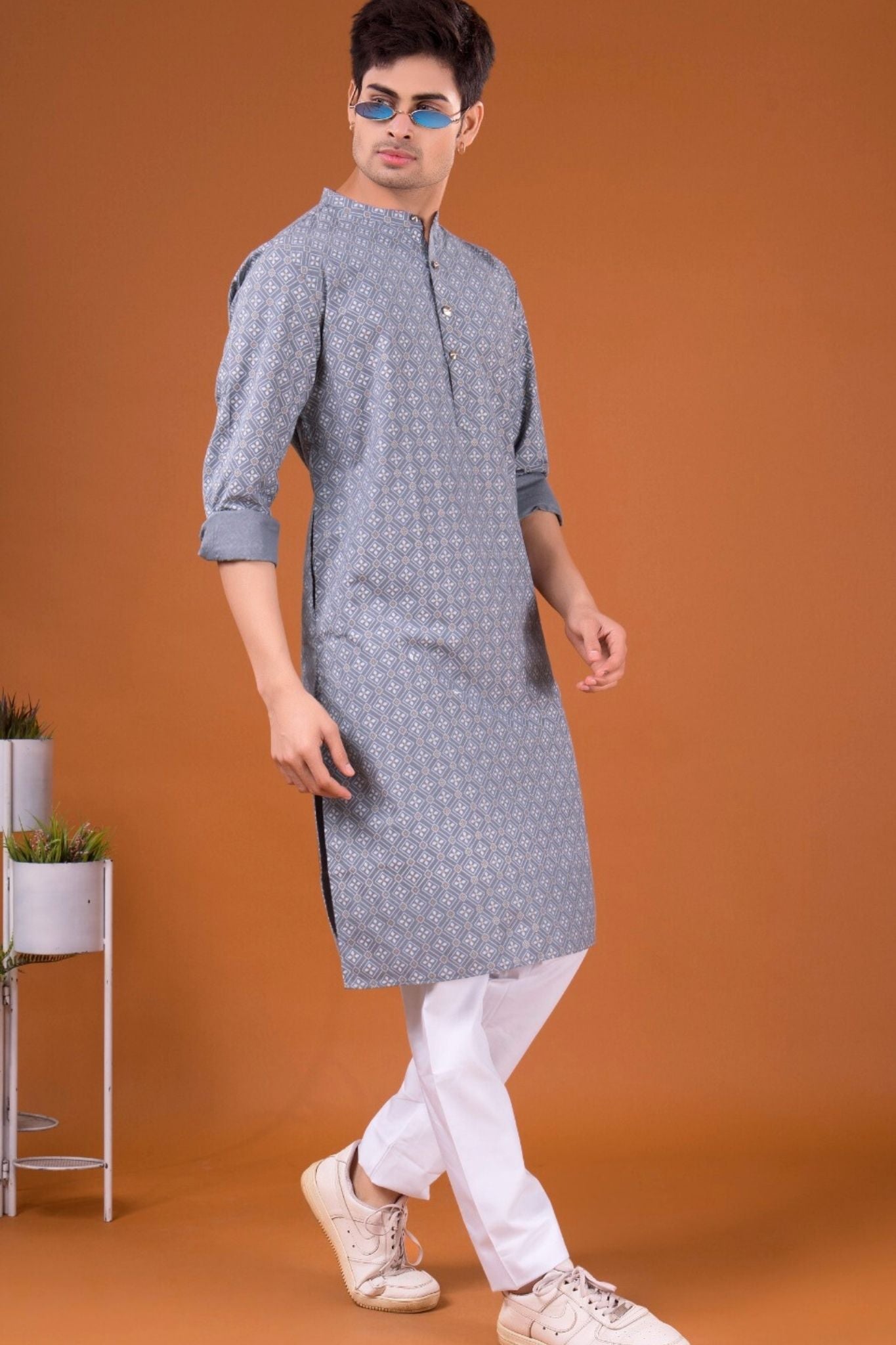Metal Grey Lotus Gold Printed Cotton Kurta
