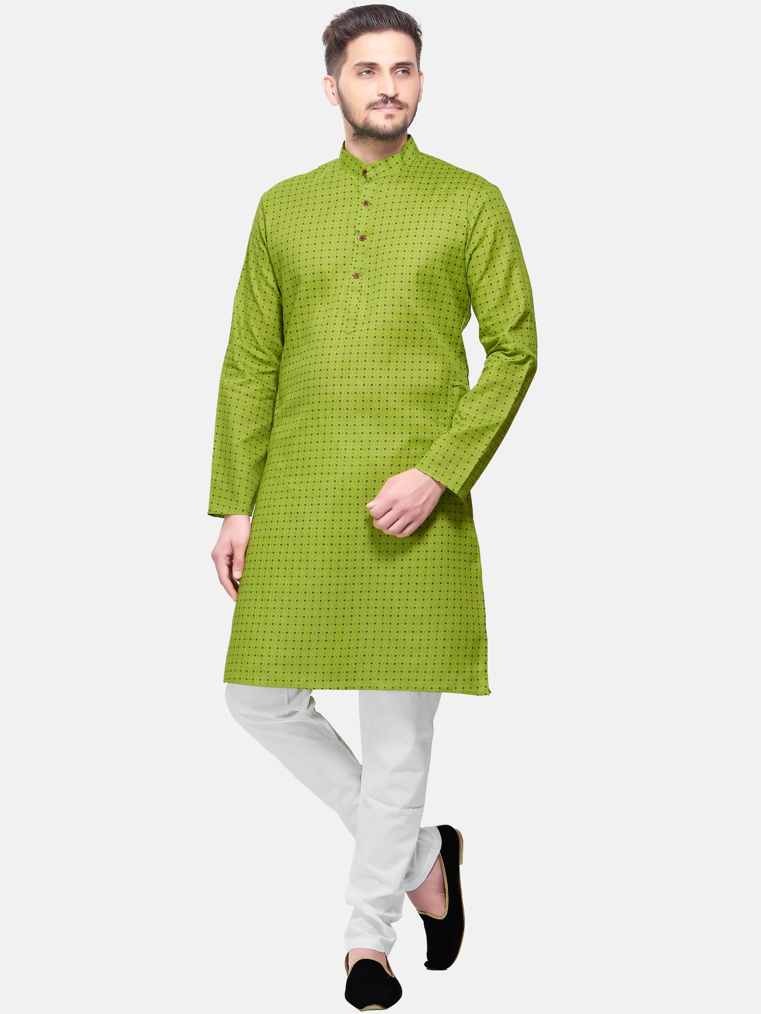 Lime Green Dot Printed Cotton Kurta Pajama Set