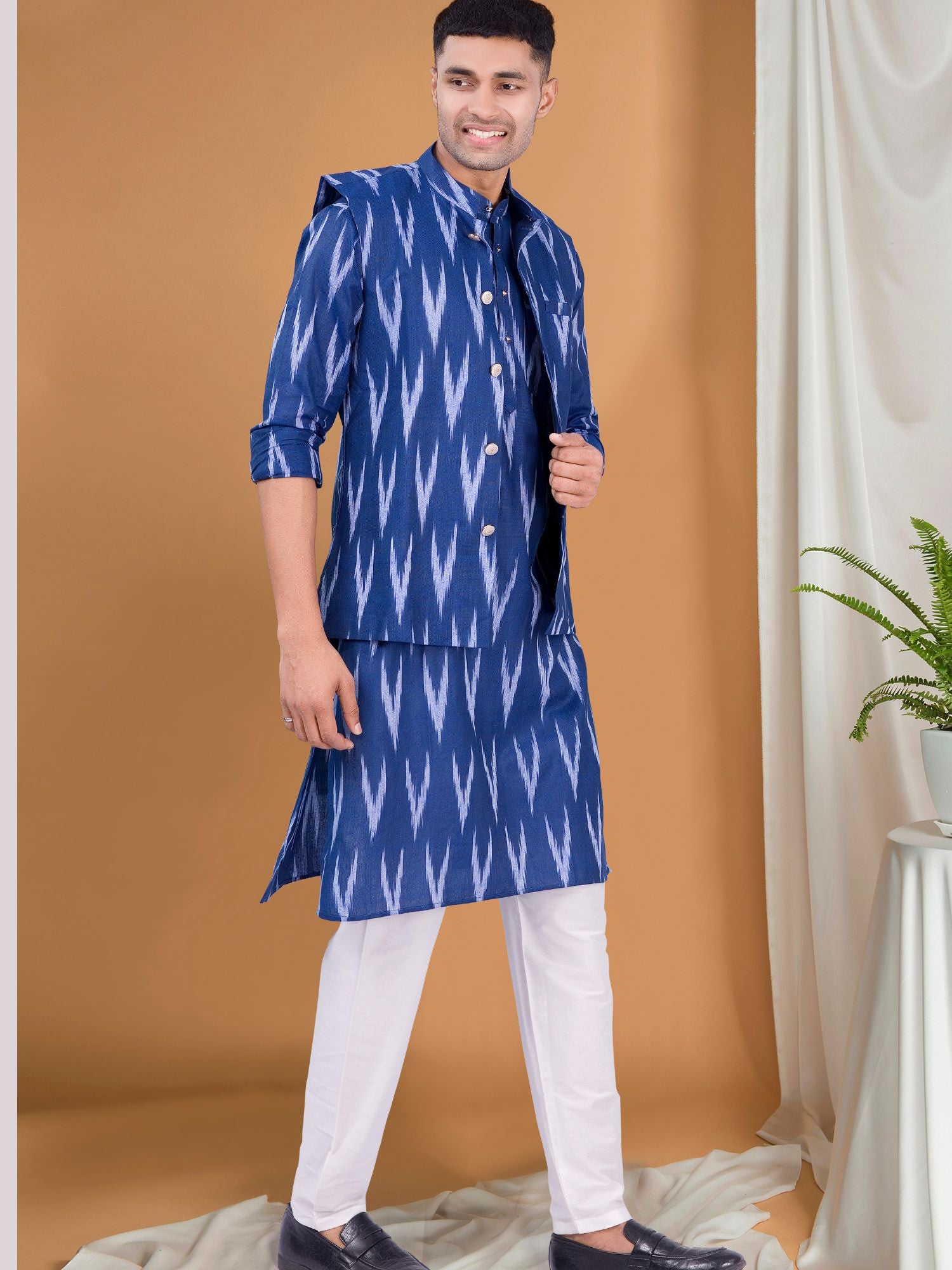 Iris Blue Ikat Print Kurta Jacket Set