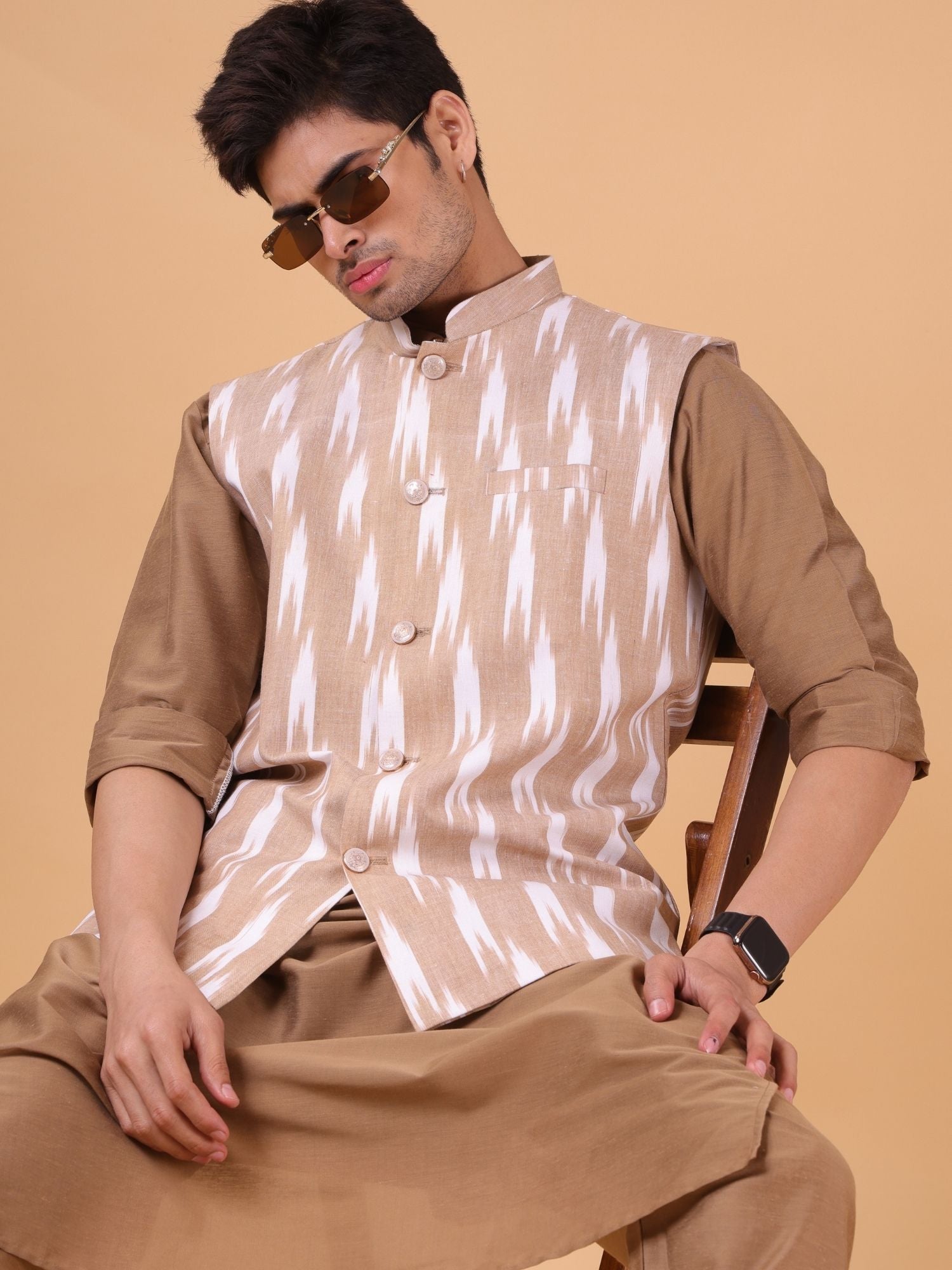 Cider Browm Solid Pattern Cotton Kurta Jacket Set