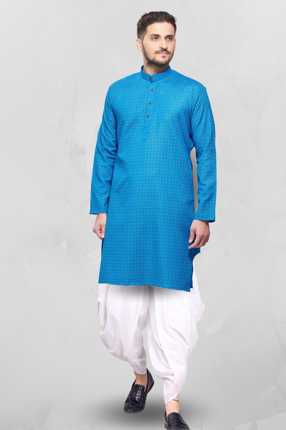 Iris Blue Dot Printed Cotton Kurta Peshawari Set