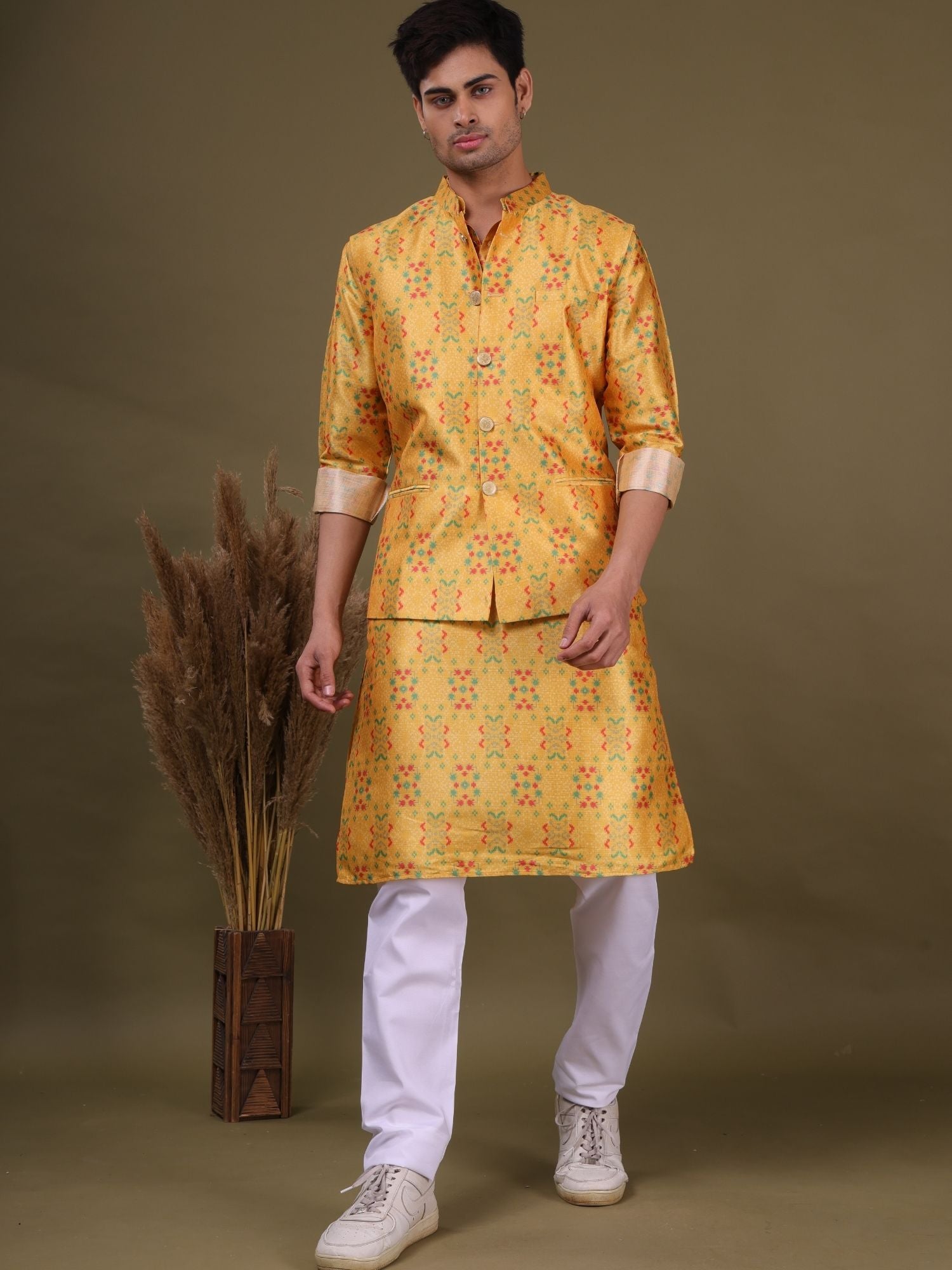 Sunshine Yellow Jacquard Silk Kurta-pajama Jacket Set