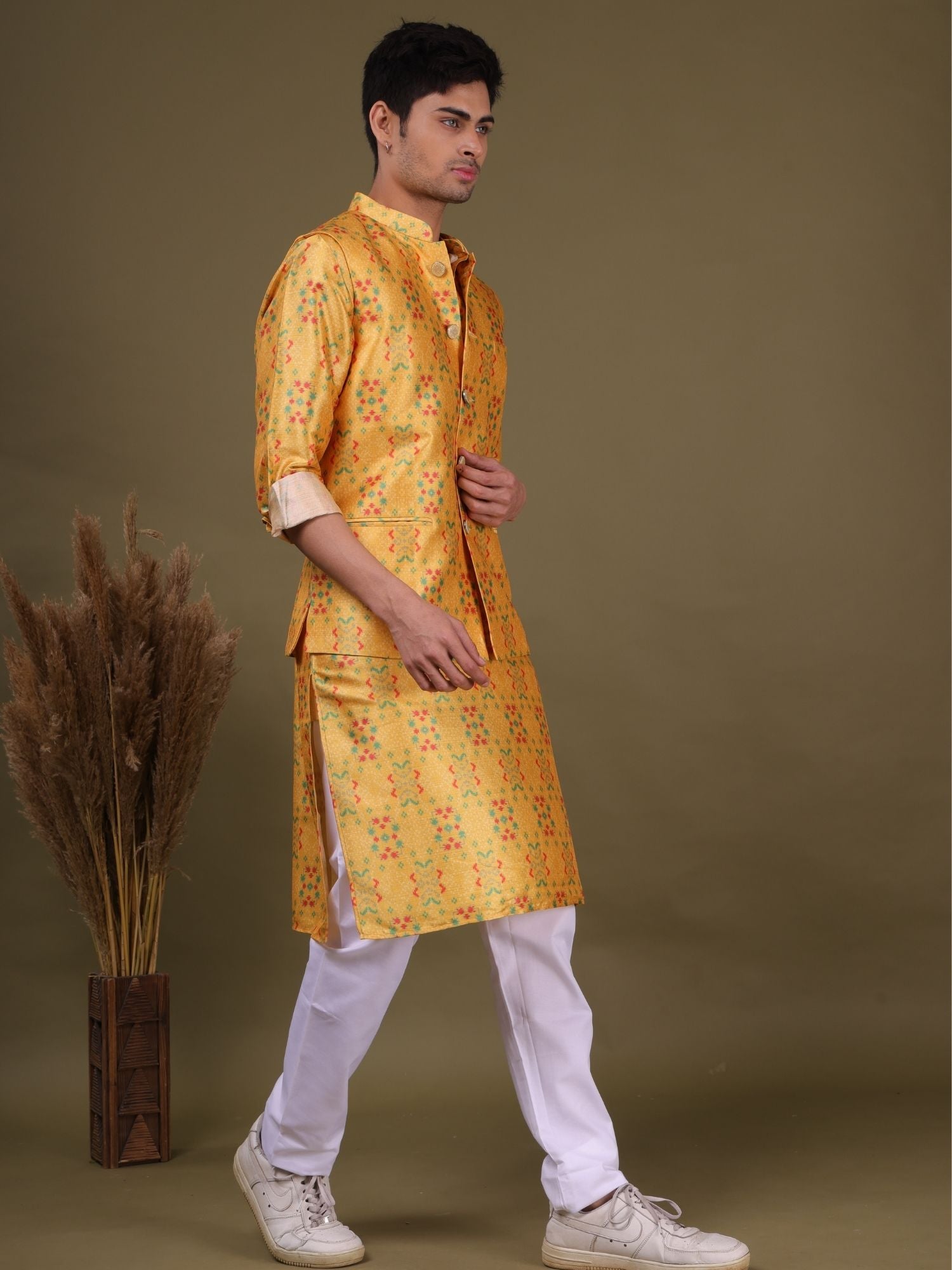 Sunshine Yellow Jacquard Silk Kurta-pajama Jacket Set