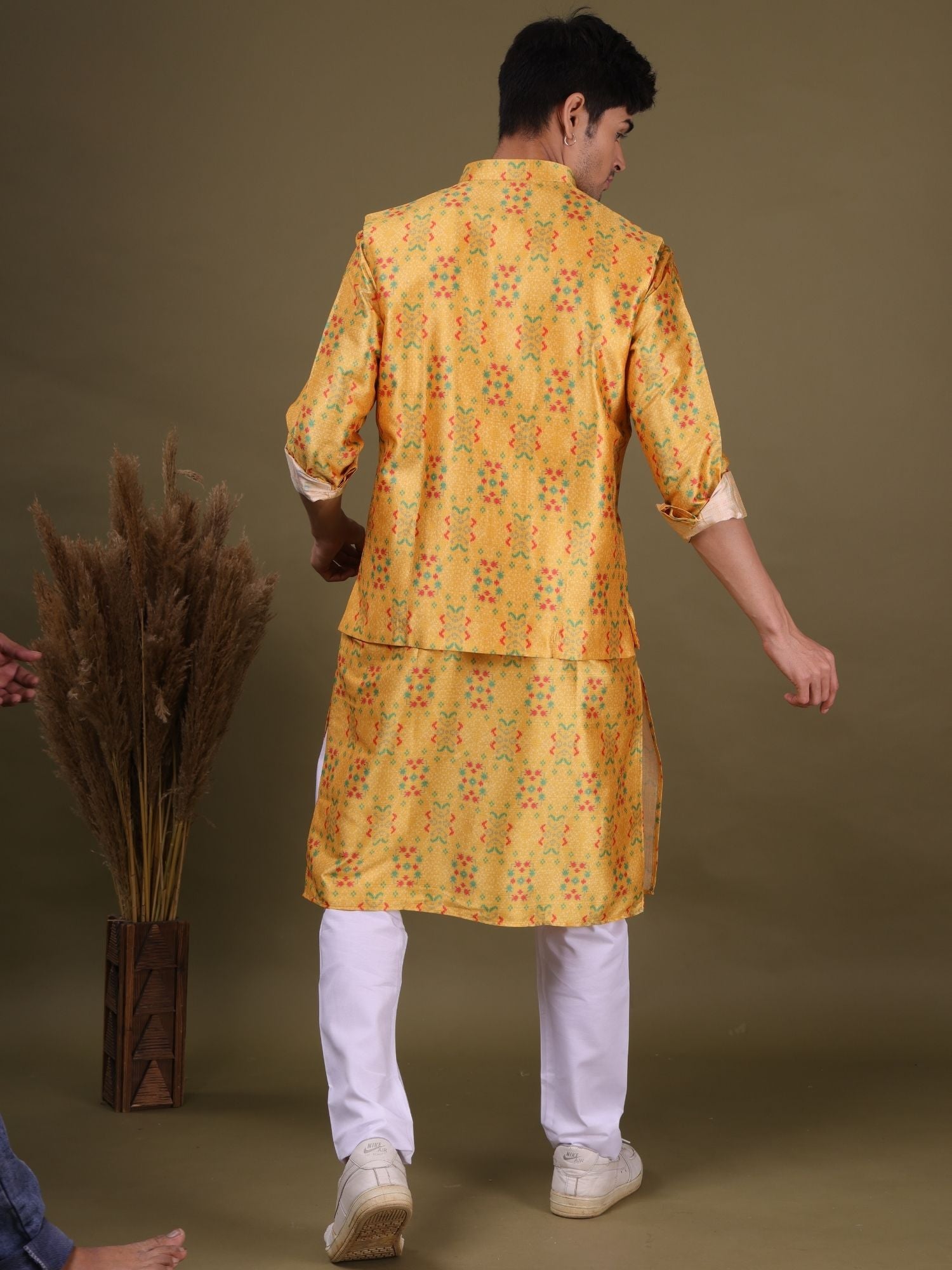 Sunshine Yellow Jacquard Silk Kurta-pajama Jacket Set