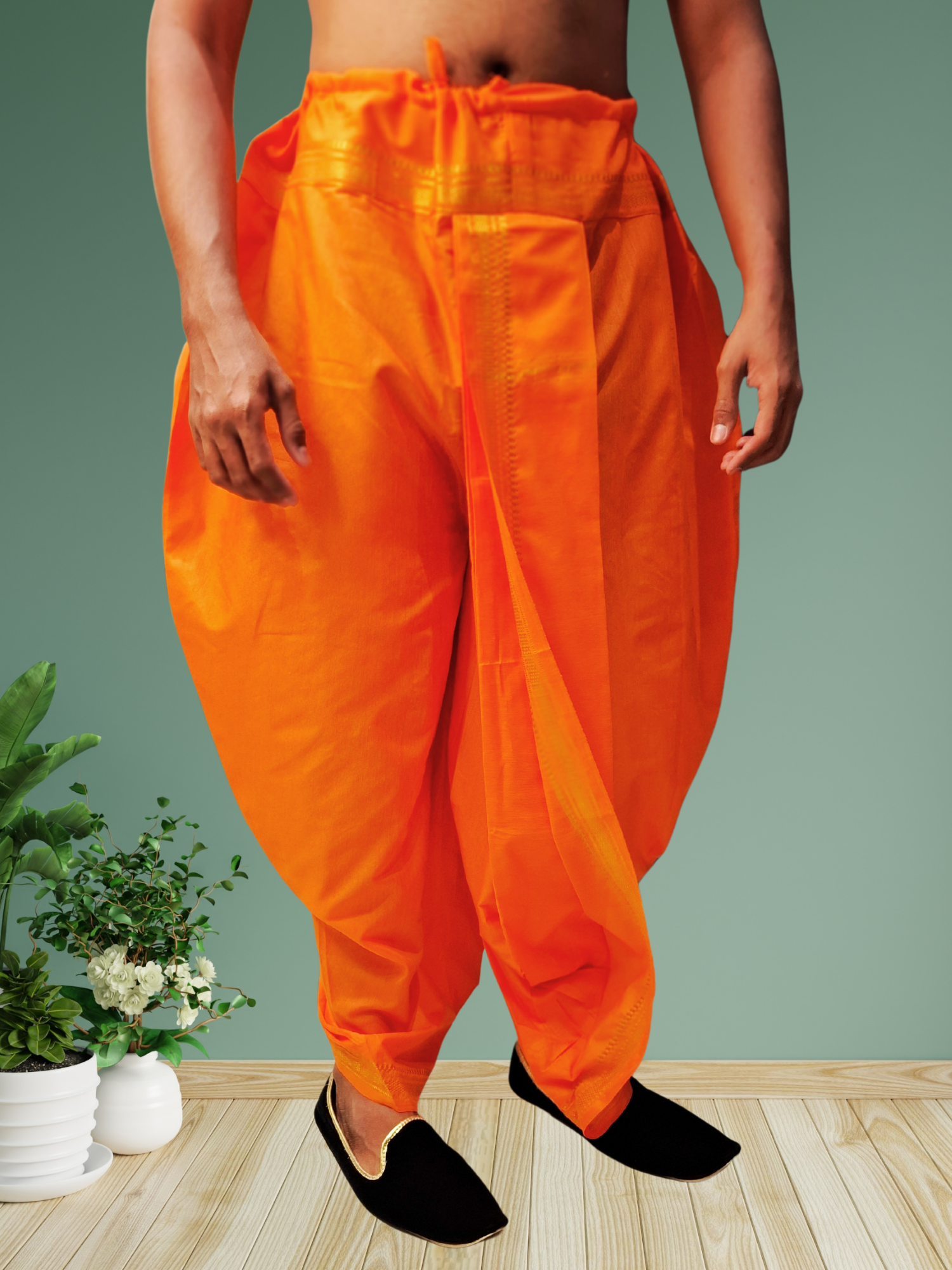 Orange Pitambari Dhoti Ready To Wear Cotton Silk Dhoti