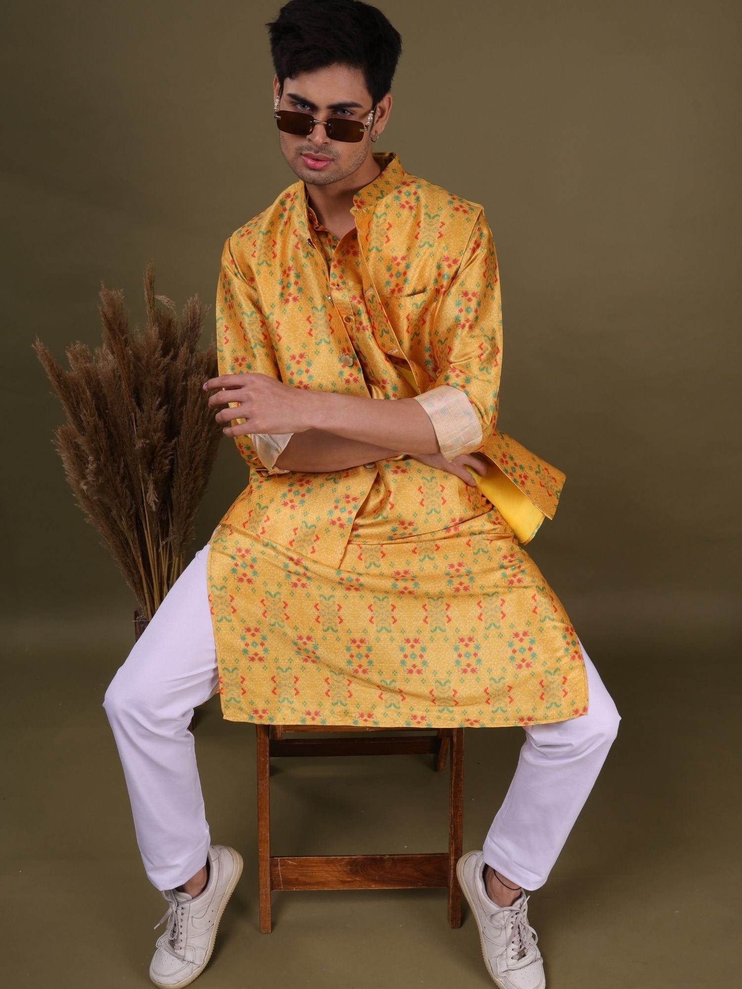 Sunshine Yellow Jacquard Silk Kurta-pajama Jacket Set