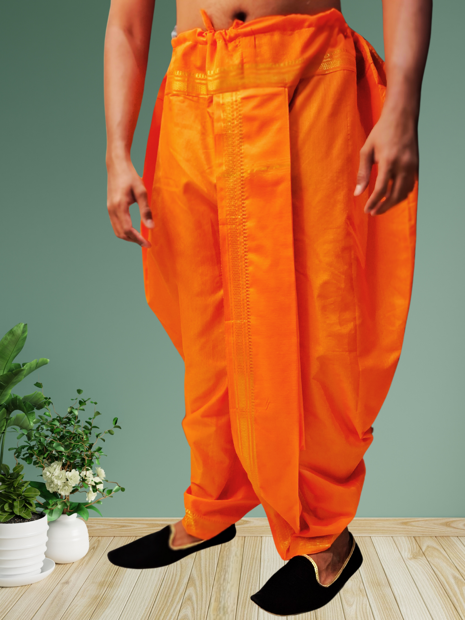 Orange Pitambari Dhoti Ready To Wear Cotton Silk Dhoti