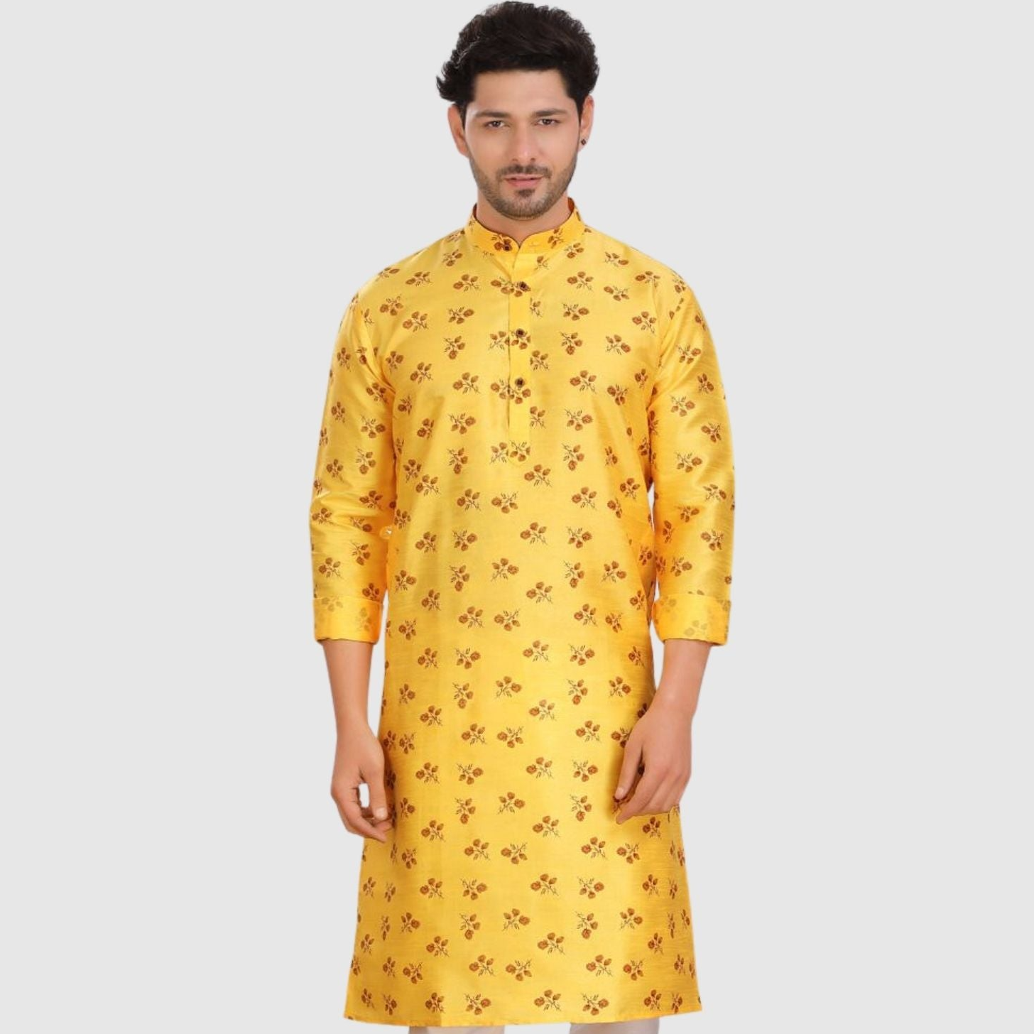 Shine Of Yellow Silk Printed Kurta and Matching Dhoti